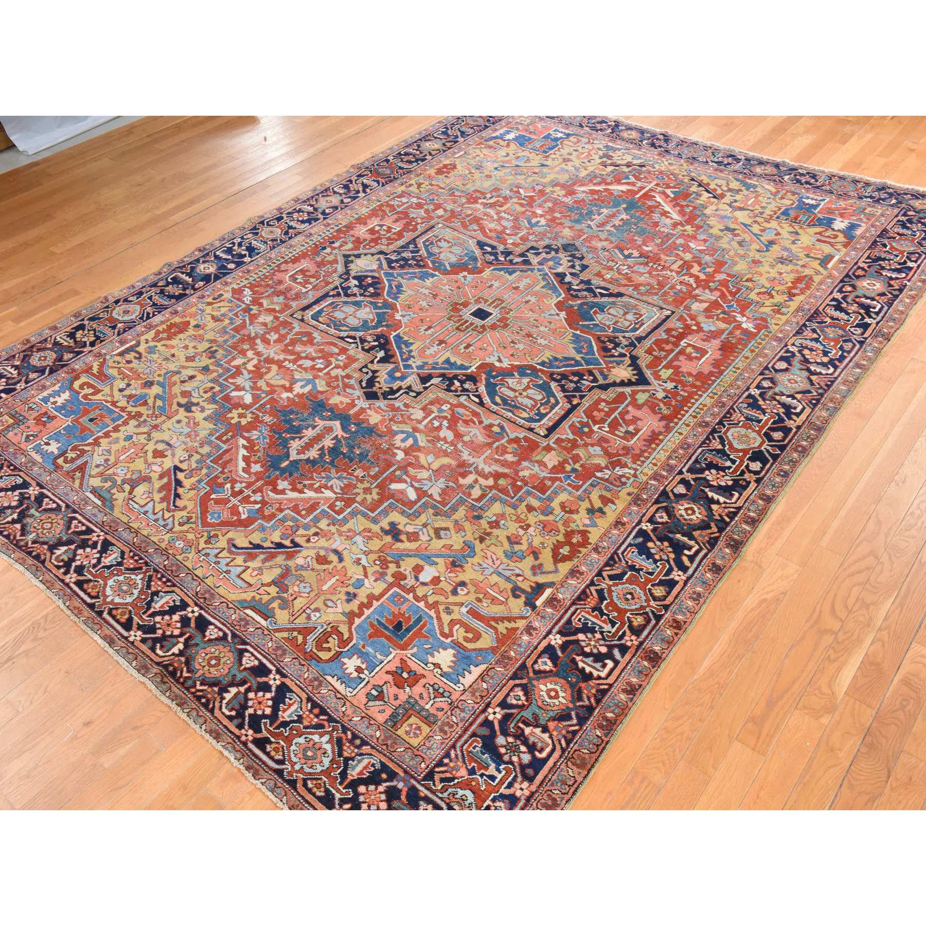 9'7"x13'1" Savvy Red, Antique Persian Heriz with Camel Gold Color Corners, Even Wear, Good Condition and Clean, 100% Wool, Hand Knotted, Oriental Rug Sh78424
