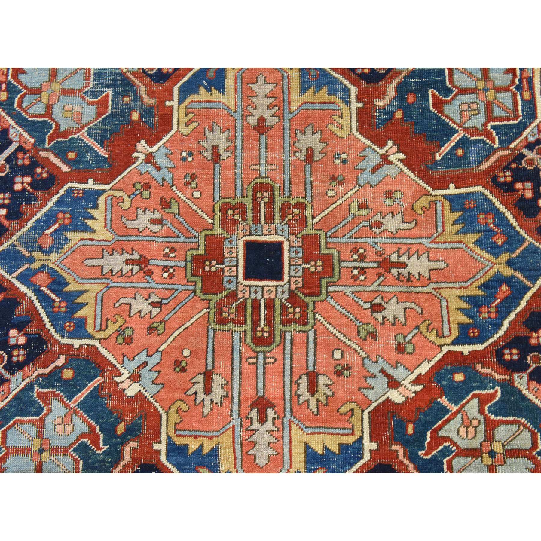 9'7"x13'1" Savvy Red, Antique Persian Heriz with Camel Gold Color Corners, Even Wear, Good Condition and Clean, 100% Wool, Hand Knotted, Oriental Rug Sh78424