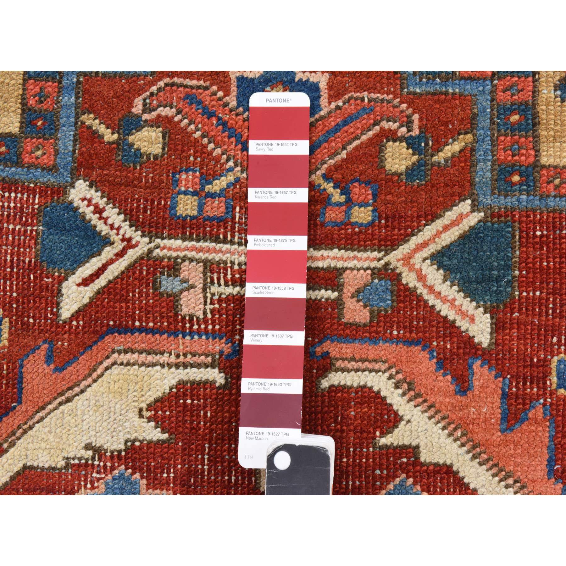 9'7"x13'1" Savvy Red, Antique Persian Heriz with Camel Gold Color Corners, Even Wear, Good Condition and Clean, 100% Wool, Hand Knotted, Oriental Rug Sh78424