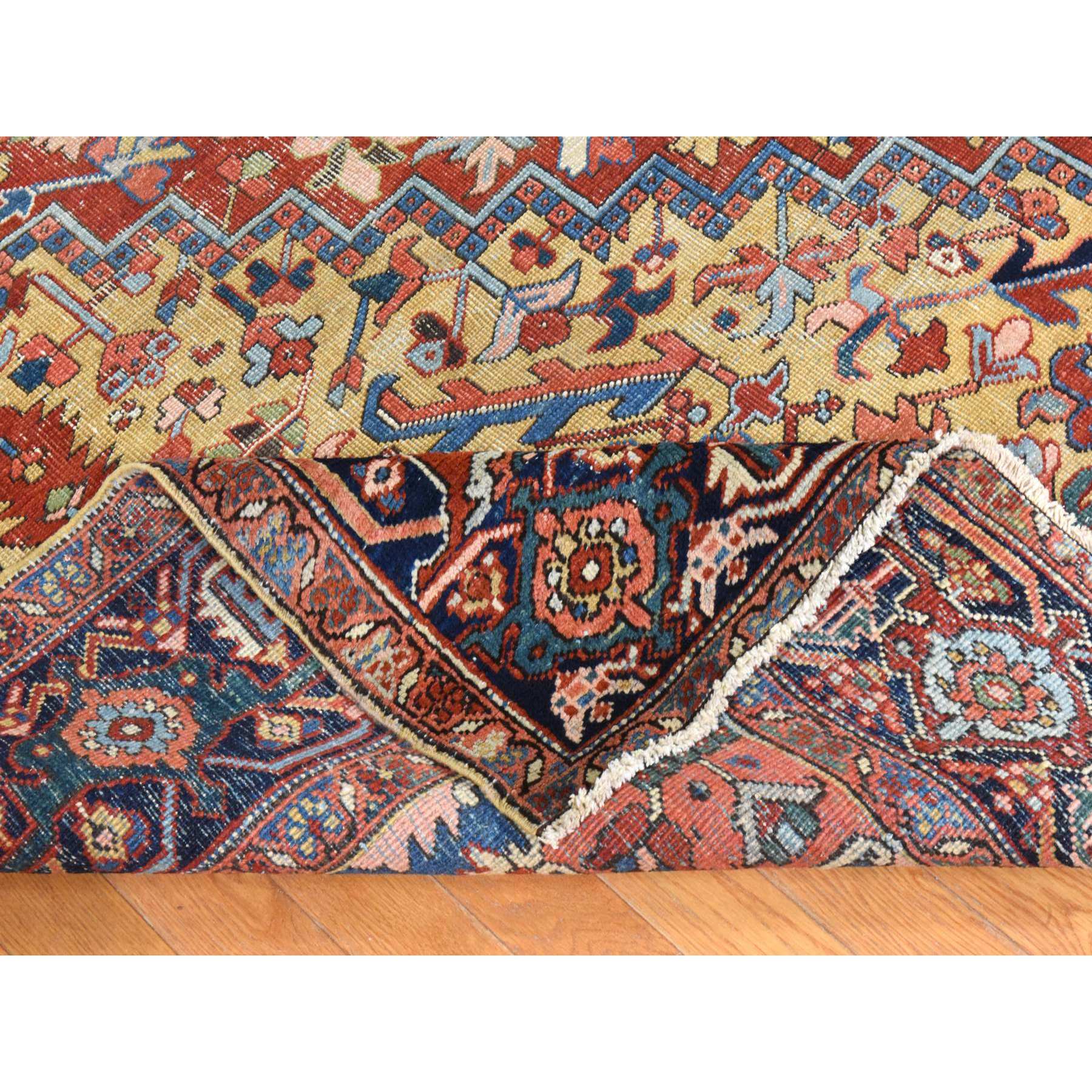9'7"x13'1" Savvy Red, Antique Persian Heriz with Camel Gold Color Corners, Even Wear, Good Condition and Clean, 100% Wool, Hand Knotted, Oriental Rug Sh78424
