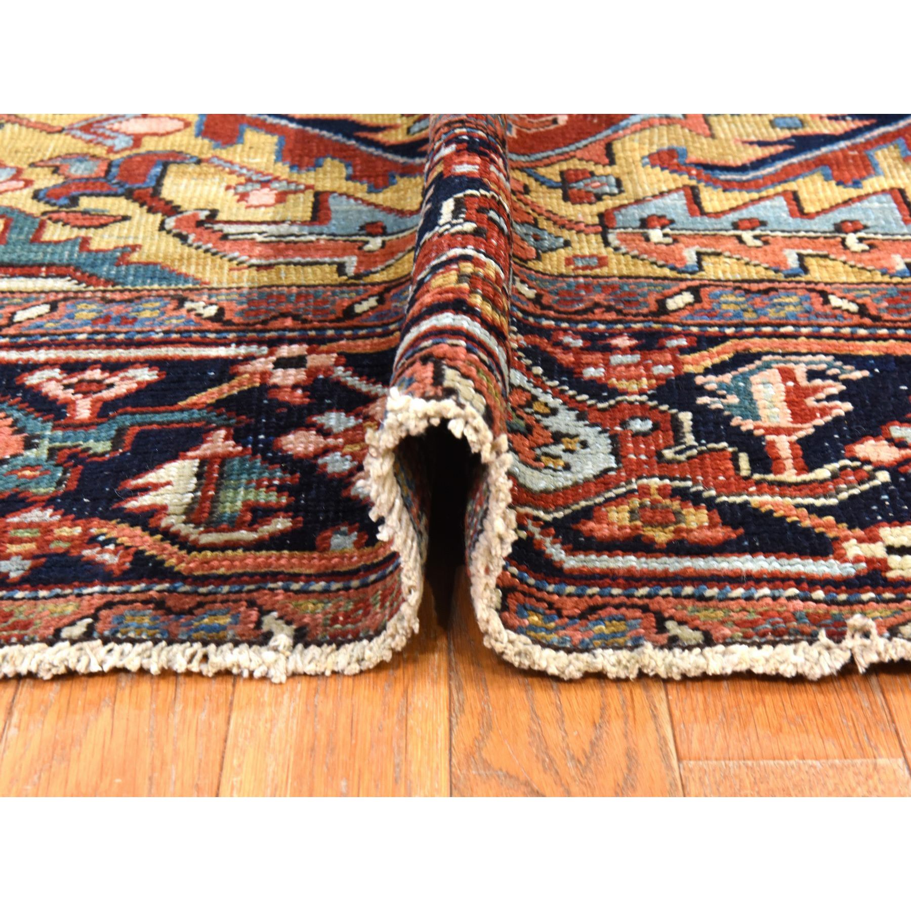 9'7"x13'1" Savvy Red, Antique Persian Heriz with Camel Gold Color Corners, Even Wear, Good Condition and Clean, 100% Wool, Hand Knotted, Oriental Rug Sh78424