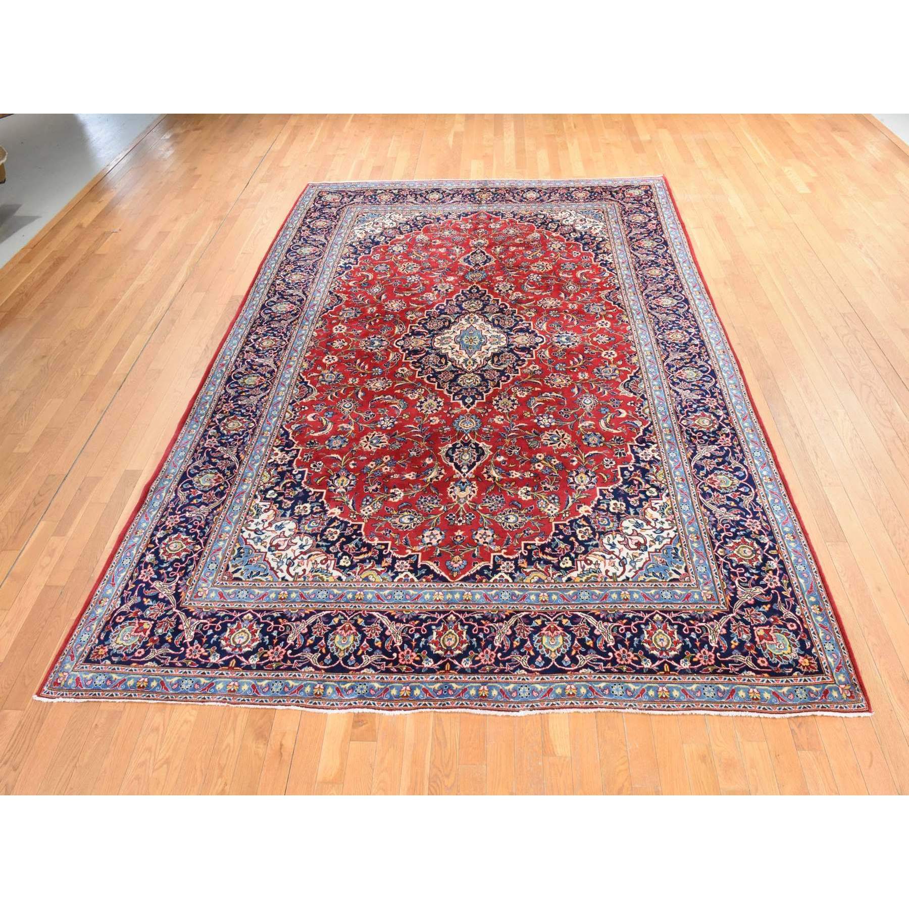 8'7"x12' Crimson Red, Semi Antique Persian Kashan, Full Pile and Clean, 100% Wool, Hand Knotted, Oriental Rug Sh78425