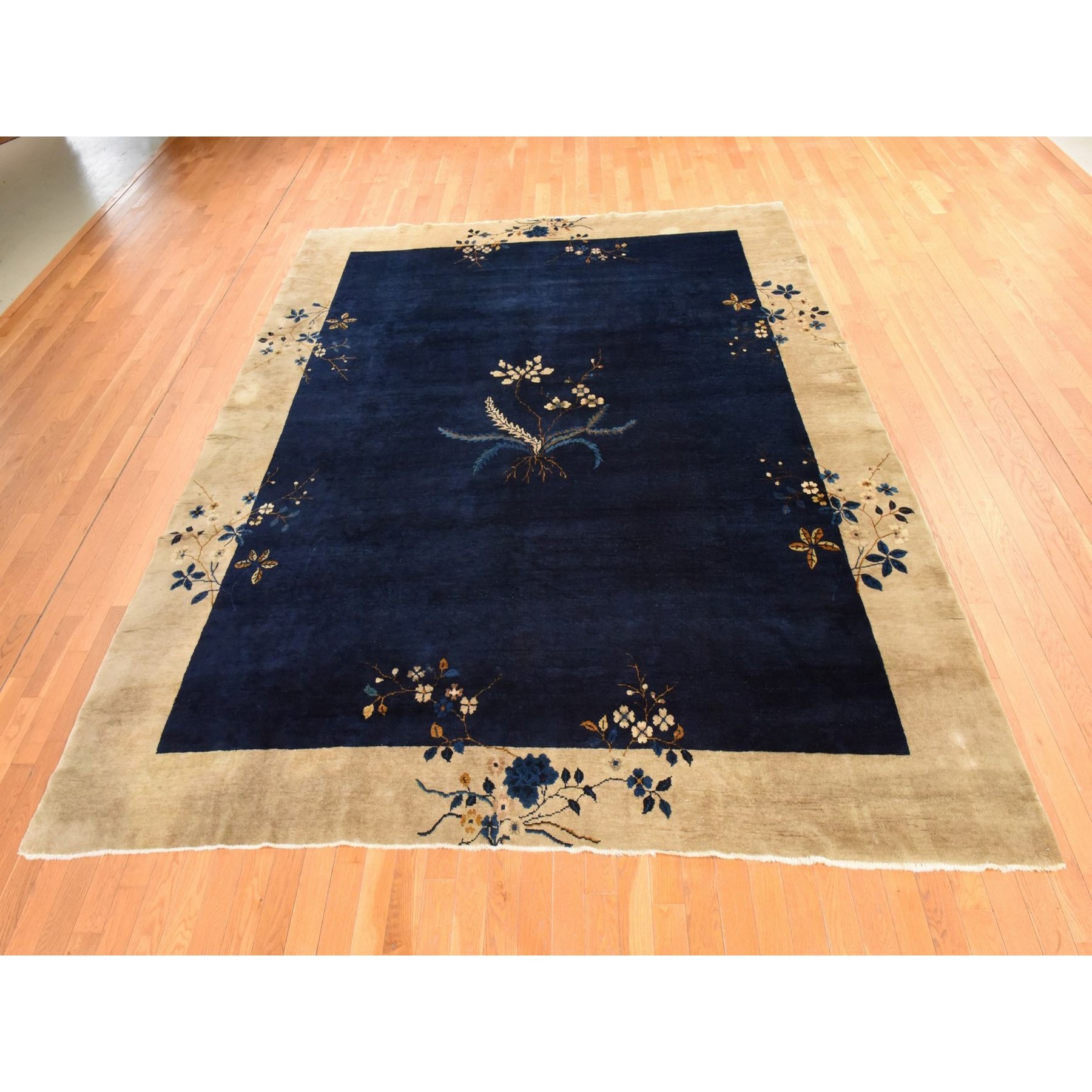 9'2"x11'2" Midnight Blue, Antique Chinese Nichols Art Deco, Full Pile, Good Condition and Clean, 100% Wool, Hand Knotted, Oriental Rug Sh78426