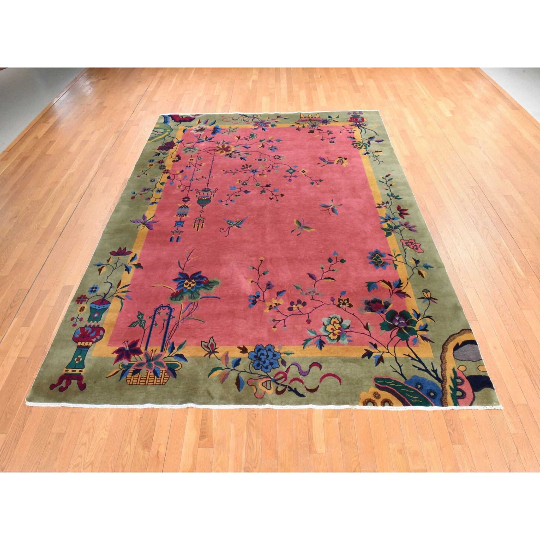 9'x11'4" Mellow Pink, Antique Chinese Nichols Art Deco, Full Pile, Good Condition and Clean, 100% Wool, Hand Knotted, Oriental Rug Sh78429