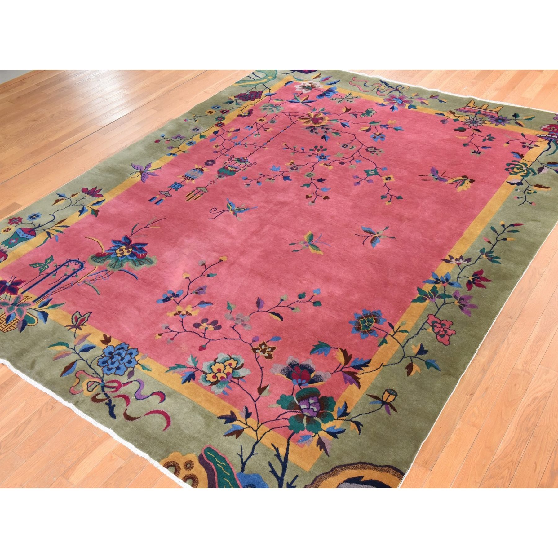 9'x11'4" Mellow Pink, Antique Chinese Nichols Art Deco, Full Pile, Good Condition and Clean, 100% Wool, Hand Knotted, Oriental Rug Sh78429