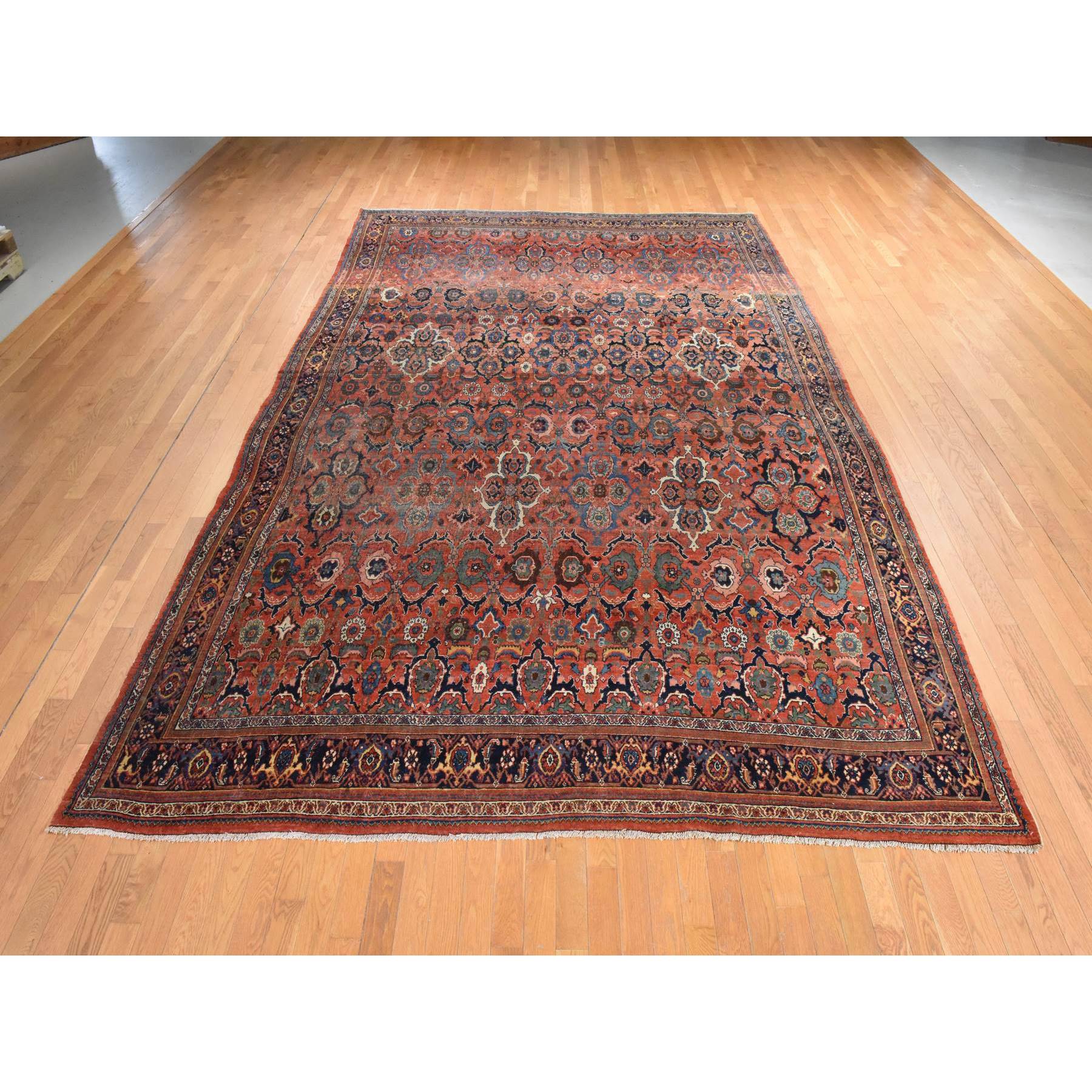 9'3"x14'10" Cinnamon Red, Antique Persian Bidjar, Smaller and Larger Rosette Tribal Flower Design, Good Condition, Evenly Worn, Low Pile, 100% Wool, Hand Knotted, Oriental Rug Sh78431
