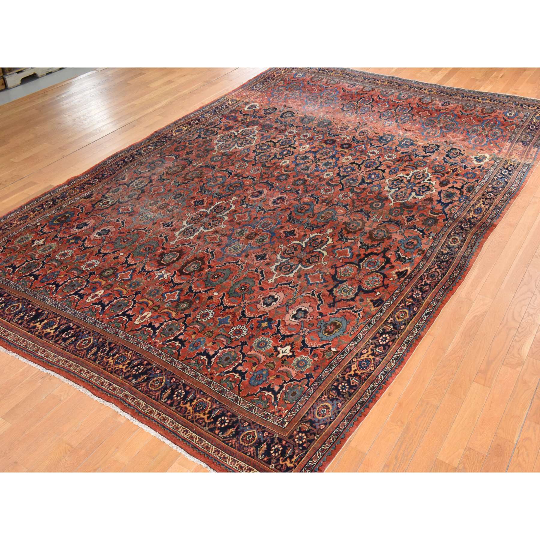 9'3"x14'10" Cinnamon Red, Antique Persian Bidjar, Smaller and Larger Rosette Tribal Flower Design, Good Condition, Evenly Worn, Low Pile, 100% Wool, Hand Knotted, Oriental Rug Sh78431
