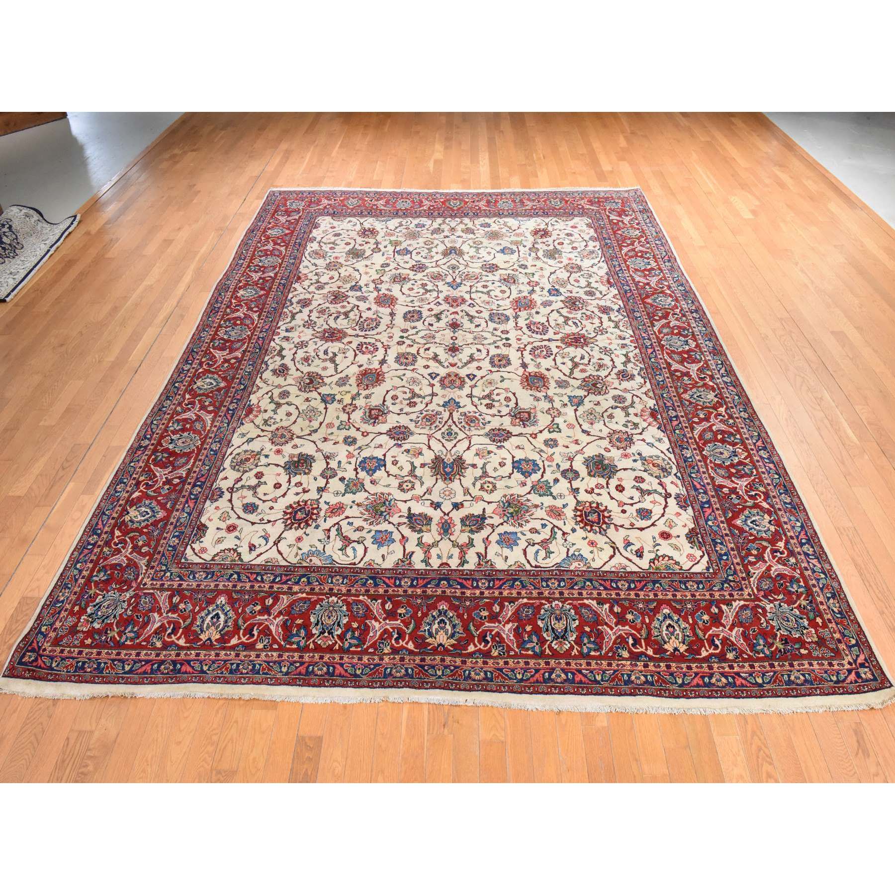 10'1"x13'9" Parchment White, Semi Antique Persian Sarouk, Good Condition, Full Pile, All Over Flower and Vine Design, Clean and Pliable, 100% Wool, Hand Knotted, Oriental Rug Sh78432