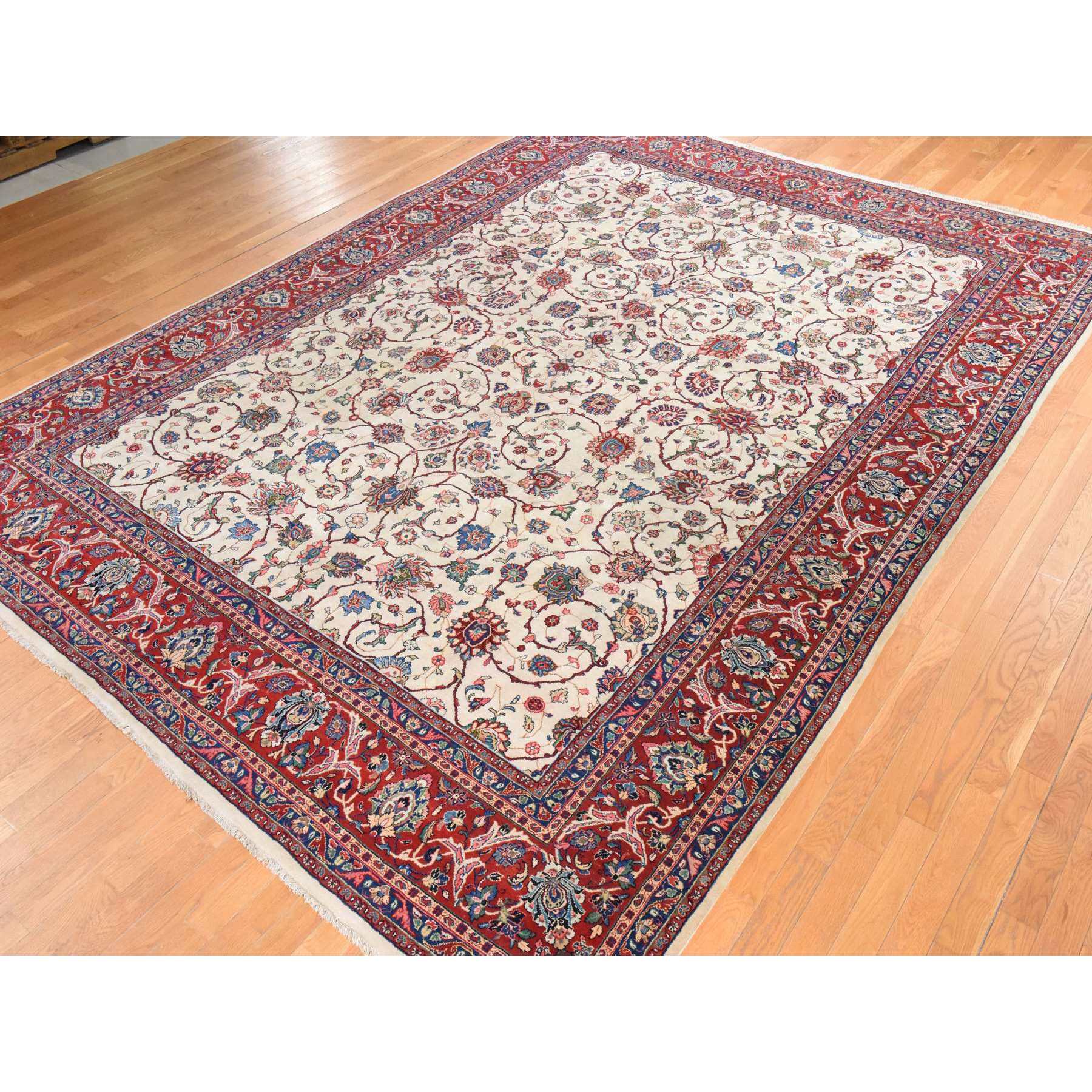 10'1"x13'9" Parchment White, Semi Antique Persian Sarouk, Good Condition, Full Pile, All Over Flower and Vine Design, Clean and Pliable, 100% Wool, Hand Knotted, Oriental Rug Sh78432
