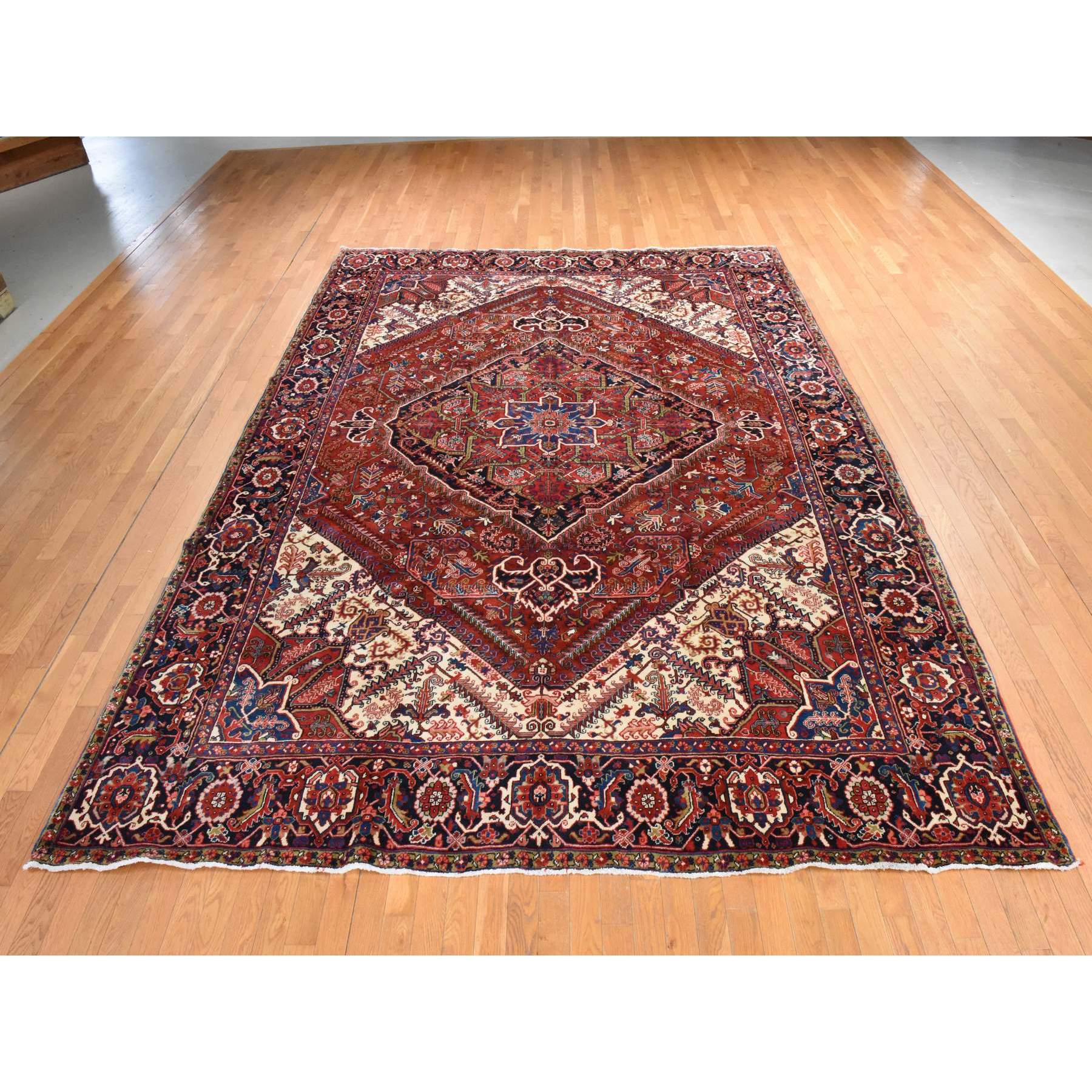 9'8"x13' Tomato Red, Semi Antique Persian Heriz, Geometric Medallion Design, Good Condition and Clean, Full Pile, 100% Wool, Hand Knotted, Oriental Rug Sh78435