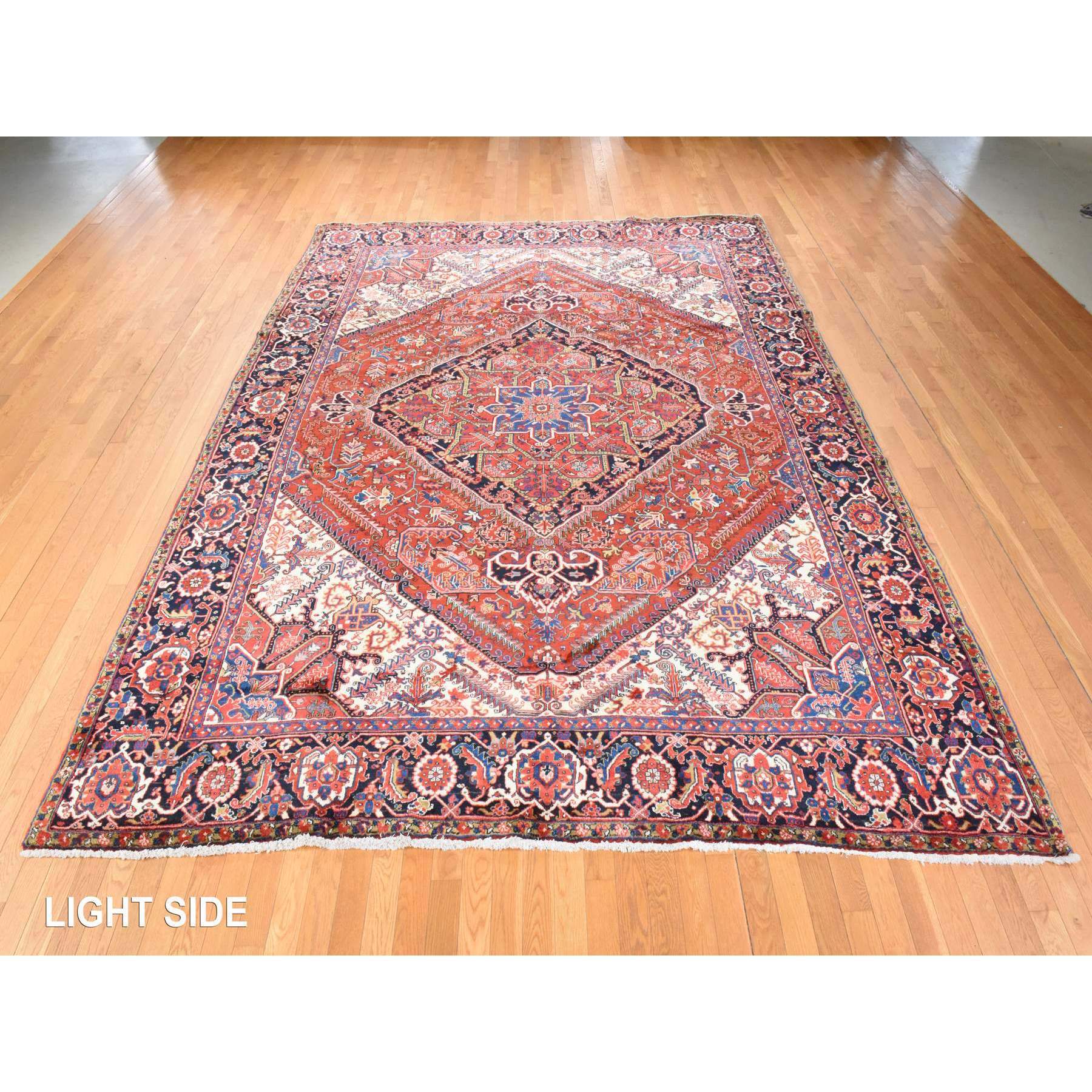 9'8"x13' Tomato Red, Semi Antique Persian Heriz, Geometric Medallion Design, Good Condition and Clean, Full Pile, 100% Wool, Hand Knotted, Oriental Rug Sh78435