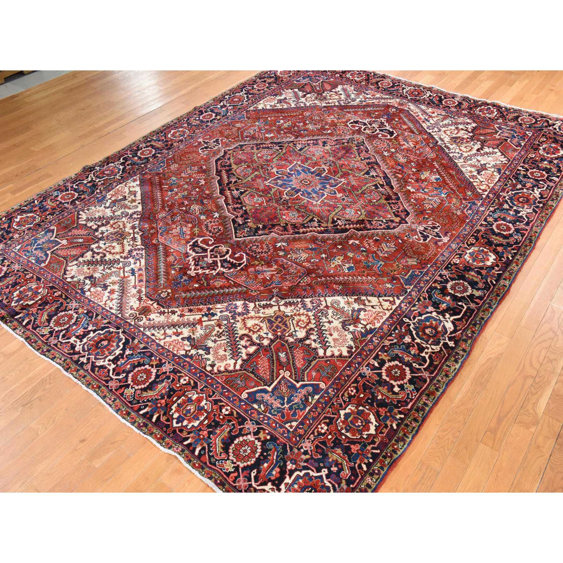 9'8"x13' Tomato Red, Semi Antique Persian Heriz, Geometric Medallion Design, Good Condition and Clean, Full Pile, 100% Wool, Hand Knotted, Oriental Rug Sh78435