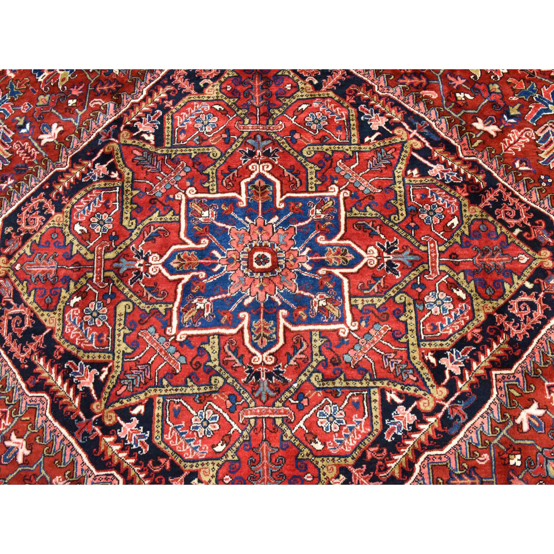 9'8"x13' Tomato Red, Semi Antique Persian Heriz, Geometric Medallion Design, Good Condition and Clean, Full Pile, 100% Wool, Hand Knotted, Oriental Rug Sh78435