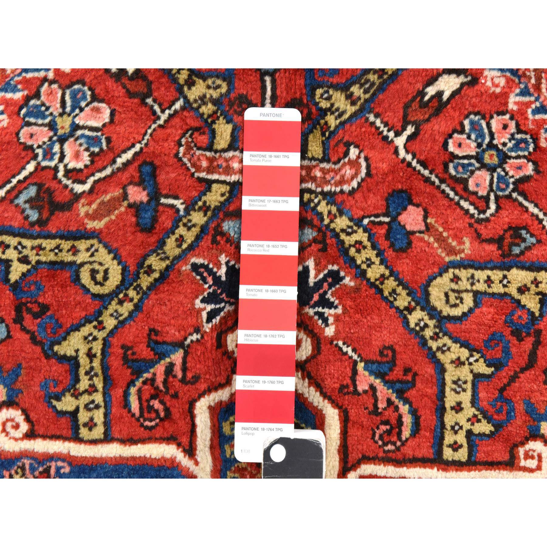 9'8"x13' Tomato Red, Semi Antique Persian Heriz, Geometric Medallion Design, Good Condition and Clean, Full Pile, 100% Wool, Hand Knotted, Oriental Rug Sh78435