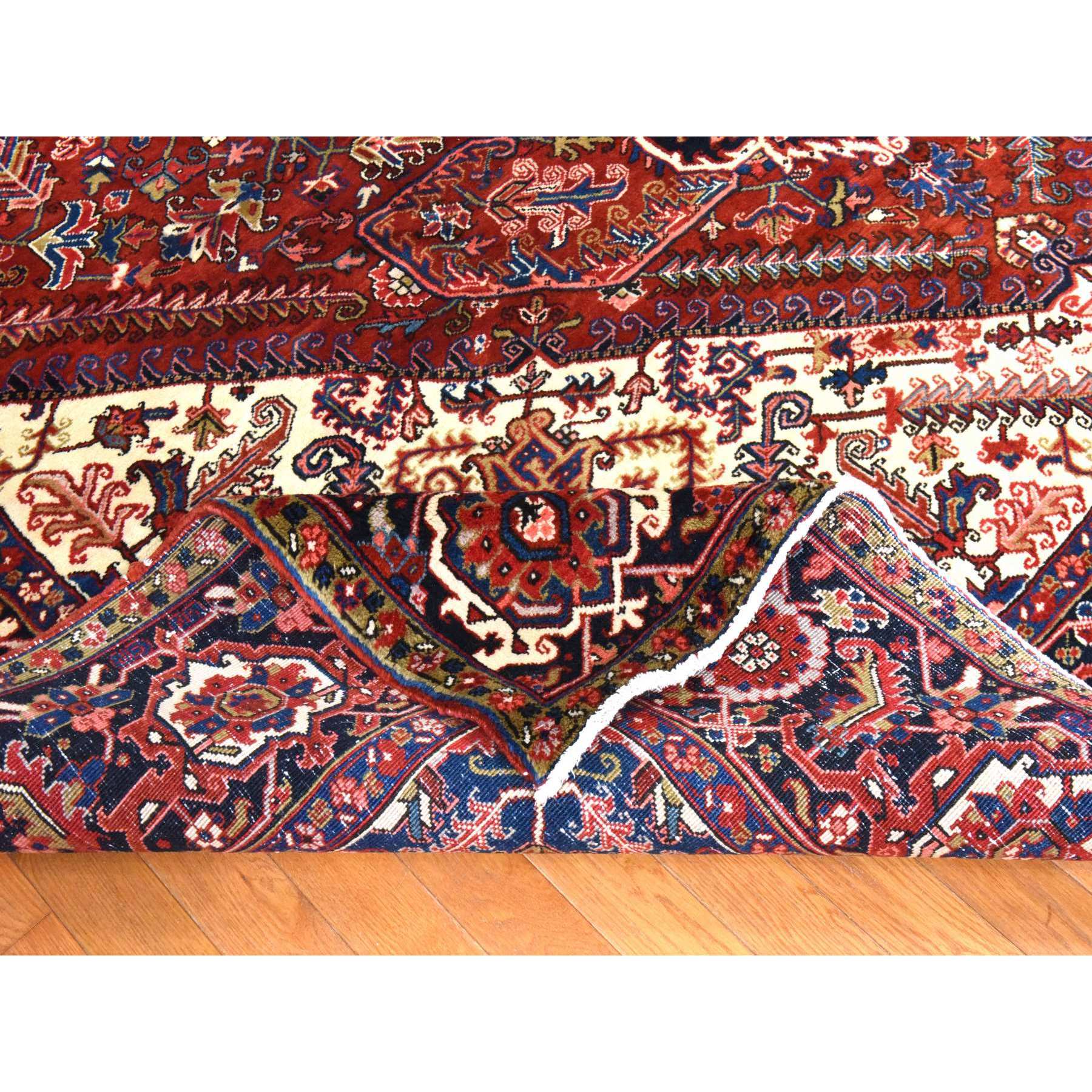 9'8"x13' Tomato Red, Semi Antique Persian Heriz, Geometric Medallion Design, Good Condition and Clean, Full Pile, 100% Wool, Hand Knotted, Oriental Rug Sh78435