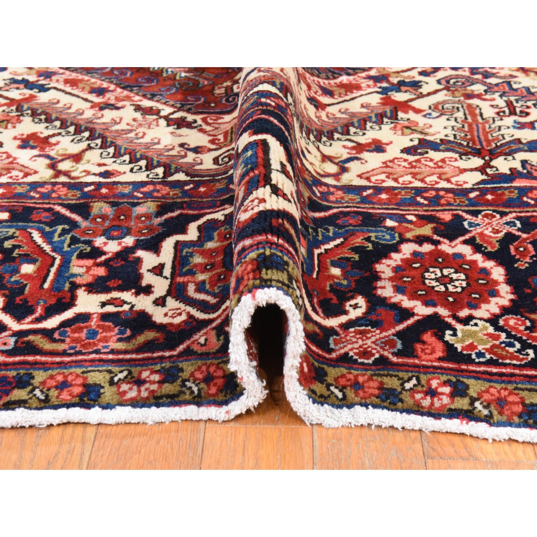 9'8"x13' Tomato Red, Semi Antique Persian Heriz, Geometric Medallion Design, Good Condition and Clean, Full Pile, 100% Wool, Hand Knotted, Oriental Rug Sh78435