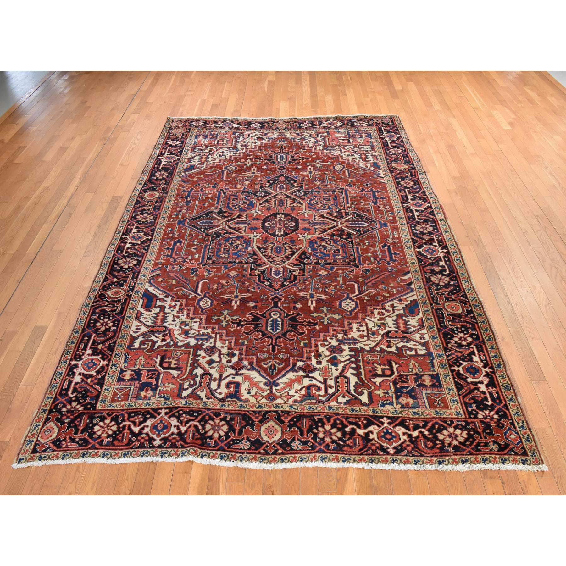 8'x11'3" Crimson Red, Antique Persian Heriz, Good Condition, Clean, Full Pile, Classic Geometric Medallion Design, 100% Wool, Hand Knotted, Oriental Rug Sh78437