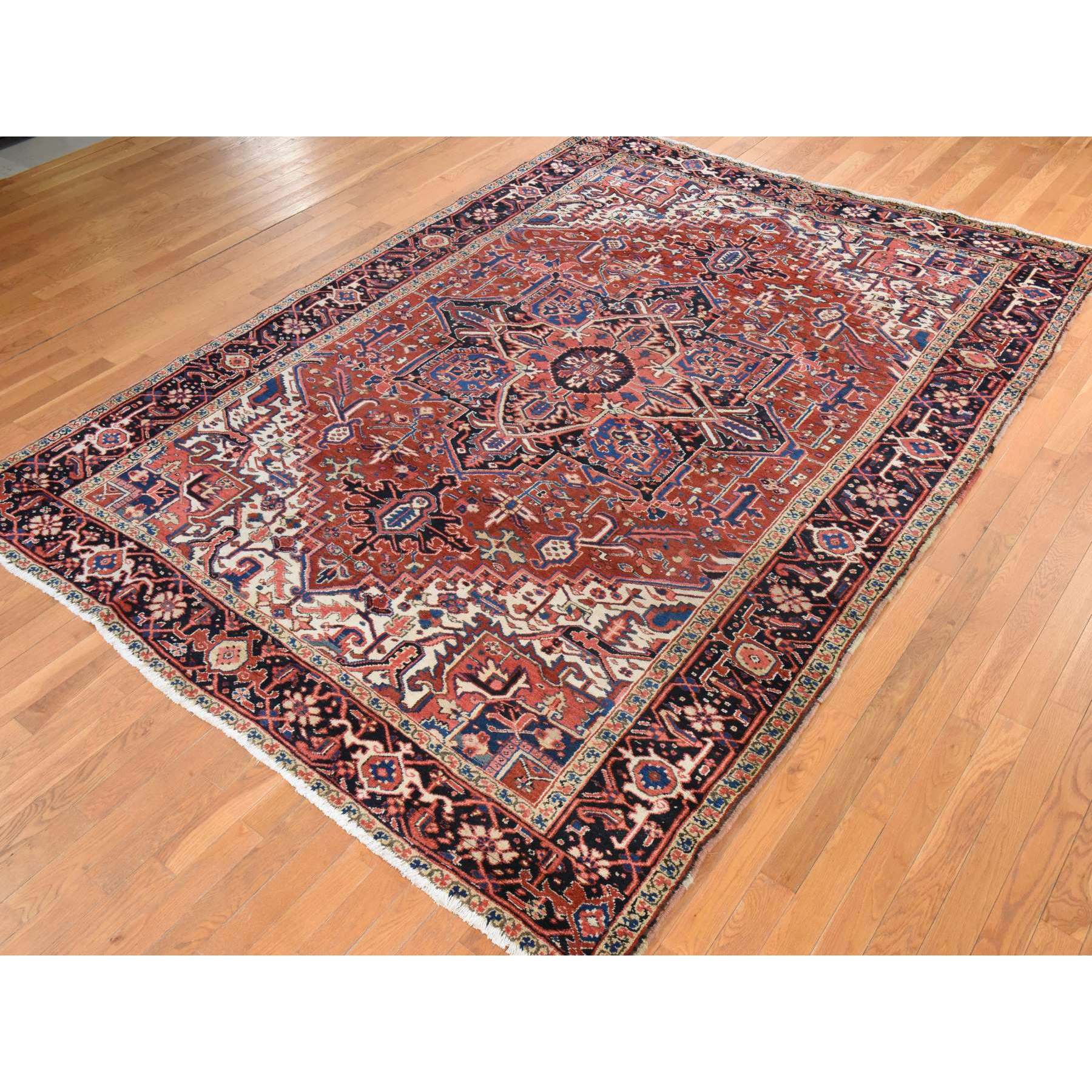 8'x11'3" Crimson Red, Antique Persian Heriz, Good Condition, Clean, Full Pile, Classic Geometric Medallion Design, 100% Wool, Hand Knotted, Oriental Rug Sh78437