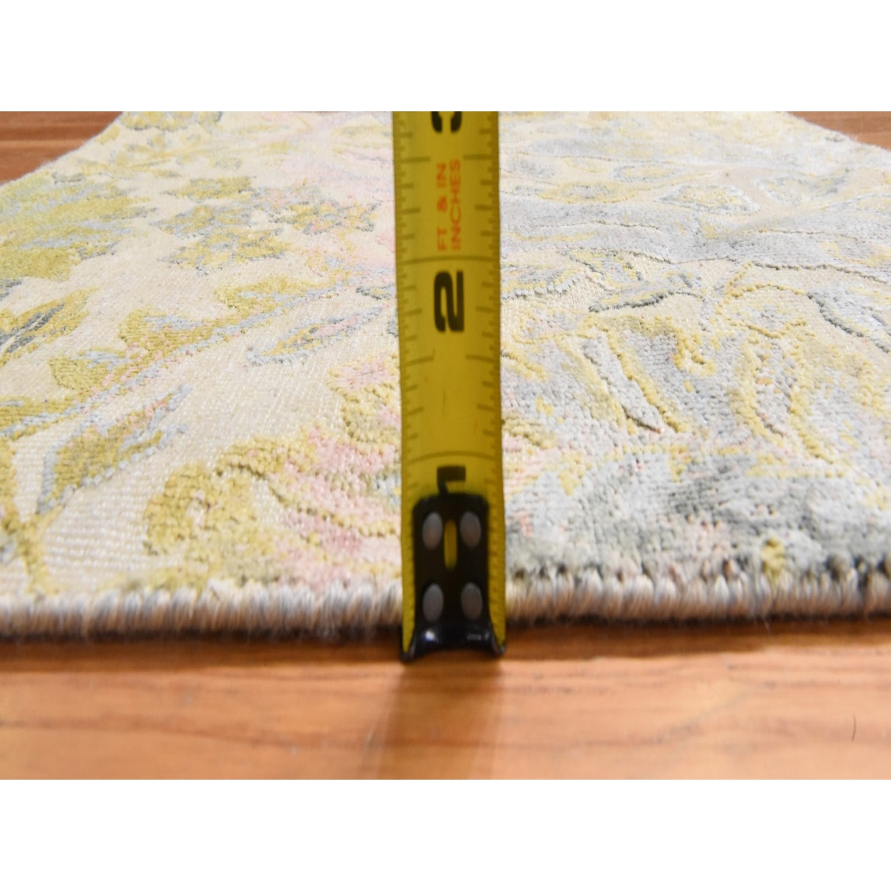 2'x2' Custard Yellow, Natural Wool and Silk, Sample, Strike Off, Bidjar Garus Design, Hand Knotted, Mat, Square, Oriental Rug Sh78443