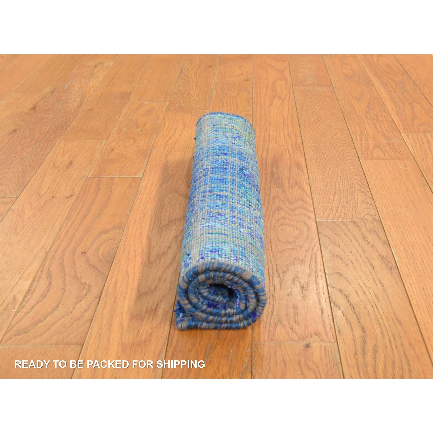 1'6"x2' Galaxy Blue, Pure Sari Silk, Sample, Strike Off, Hand Knotted, Mat, Oriental Rug Sh78444