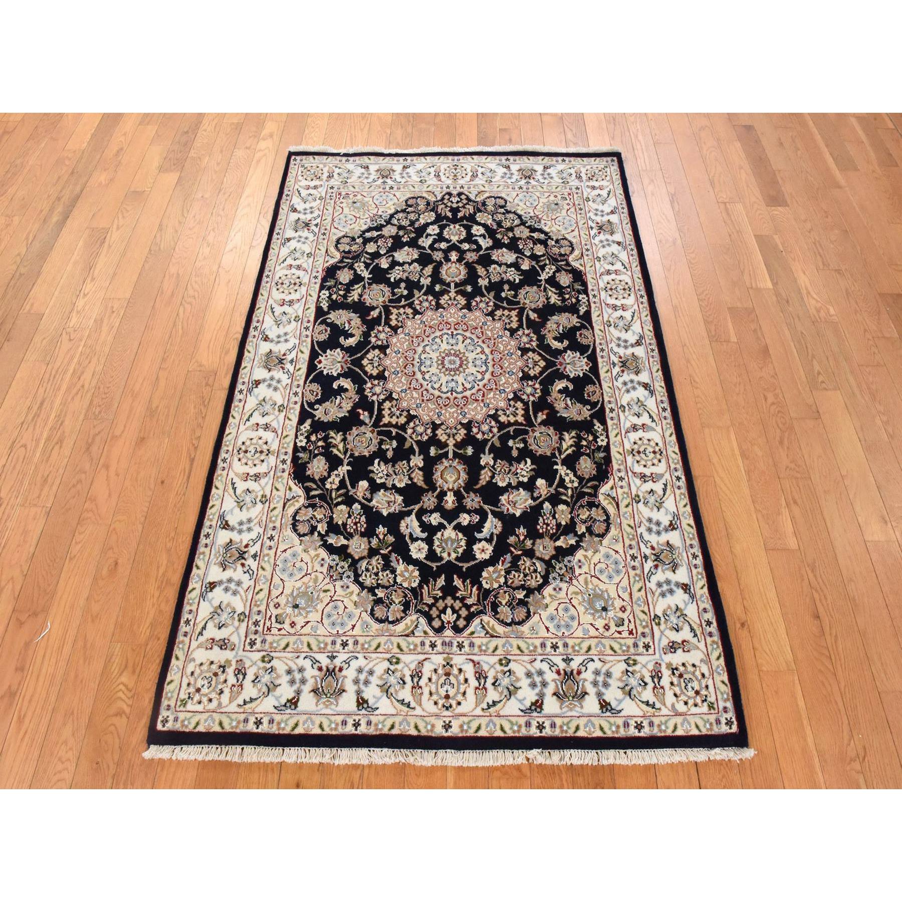 4'x6'1" Midnight Blue, Persian Nain Design, Natural Wool and Silk, Hand Knotted Oriental Rug Sh78448