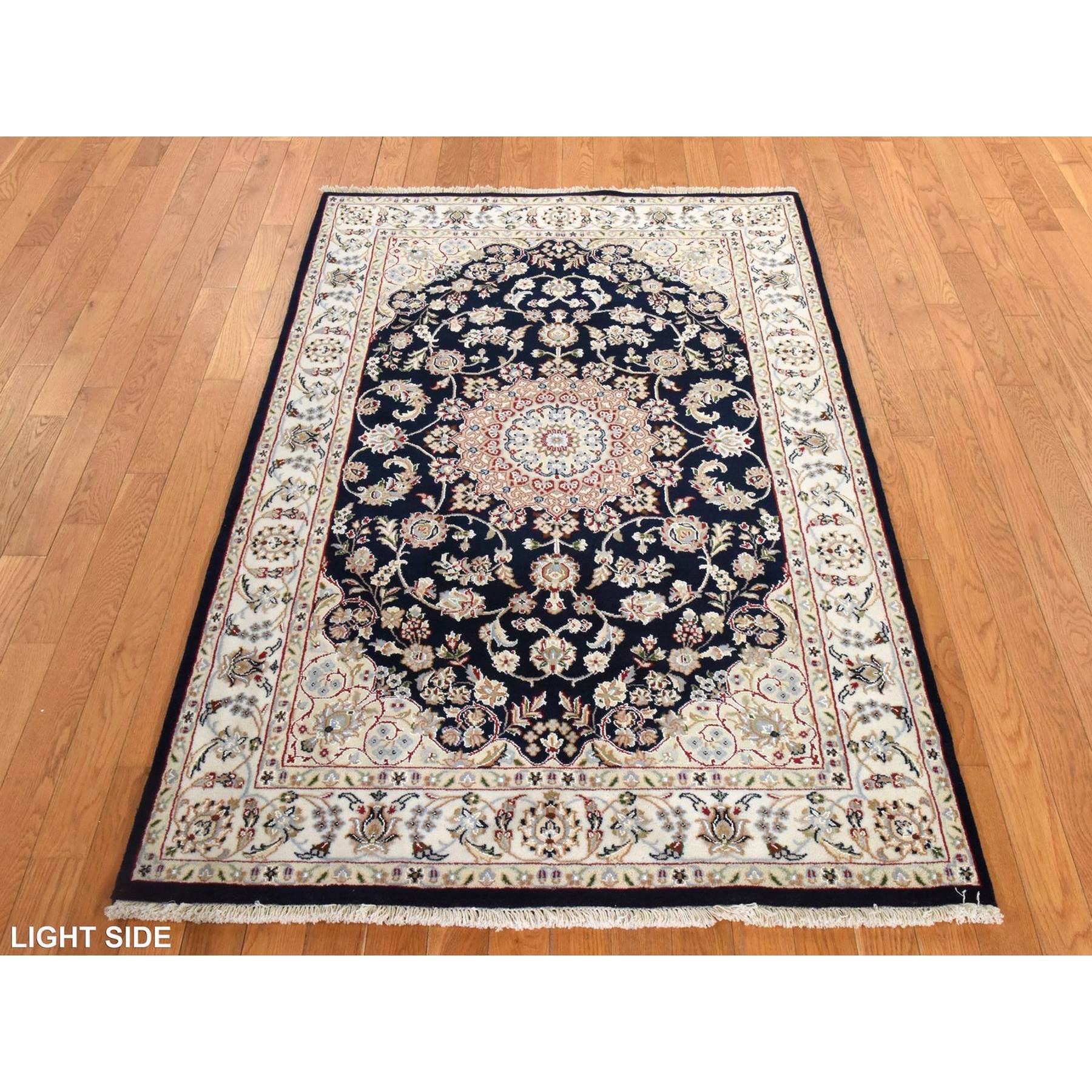 4'x6'1" Midnight Blue, Persian Nain Design, Natural Wool and Silk, Hand Knotted Oriental Rug Sh78448