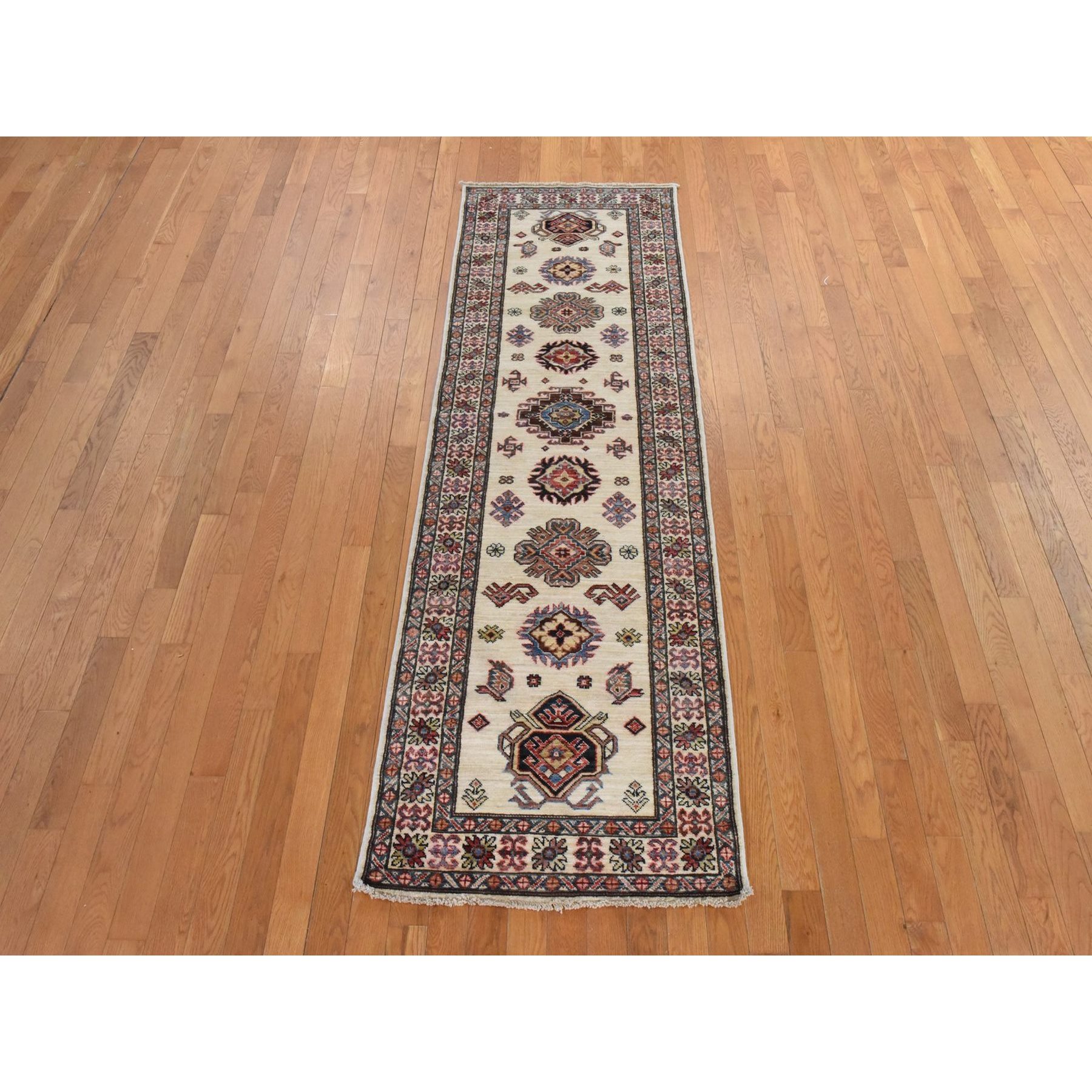 2'9"x8'3" Swan White, Super Kazak, Geometric Design, 100% Shiny Wool, Hand Knotted, Runner, Oriental Rug Sh78449