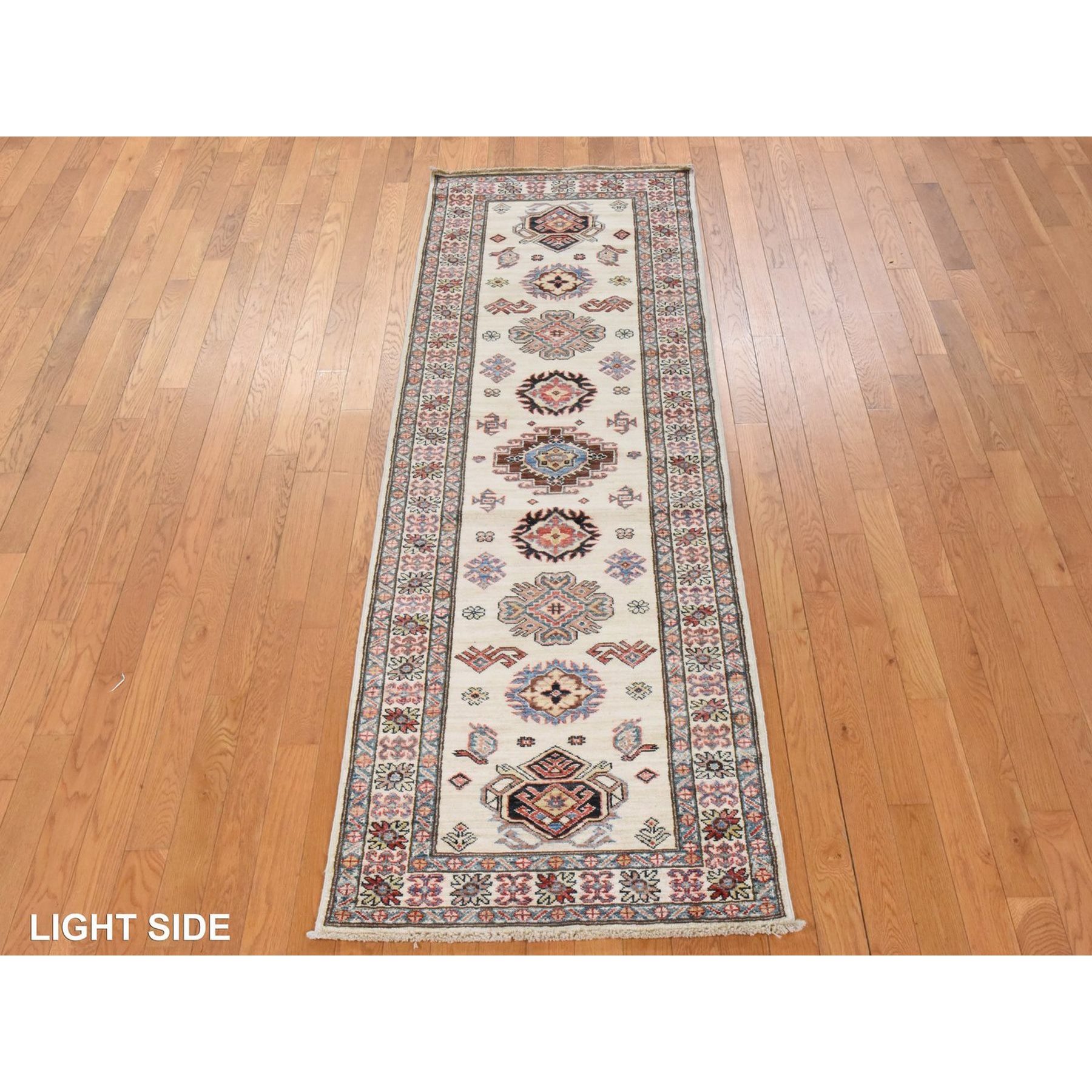 2'9"x8'3" Swan White, Super Kazak, Geometric Design, 100% Shiny Wool, Hand Knotted, Runner, Oriental Rug Sh78449