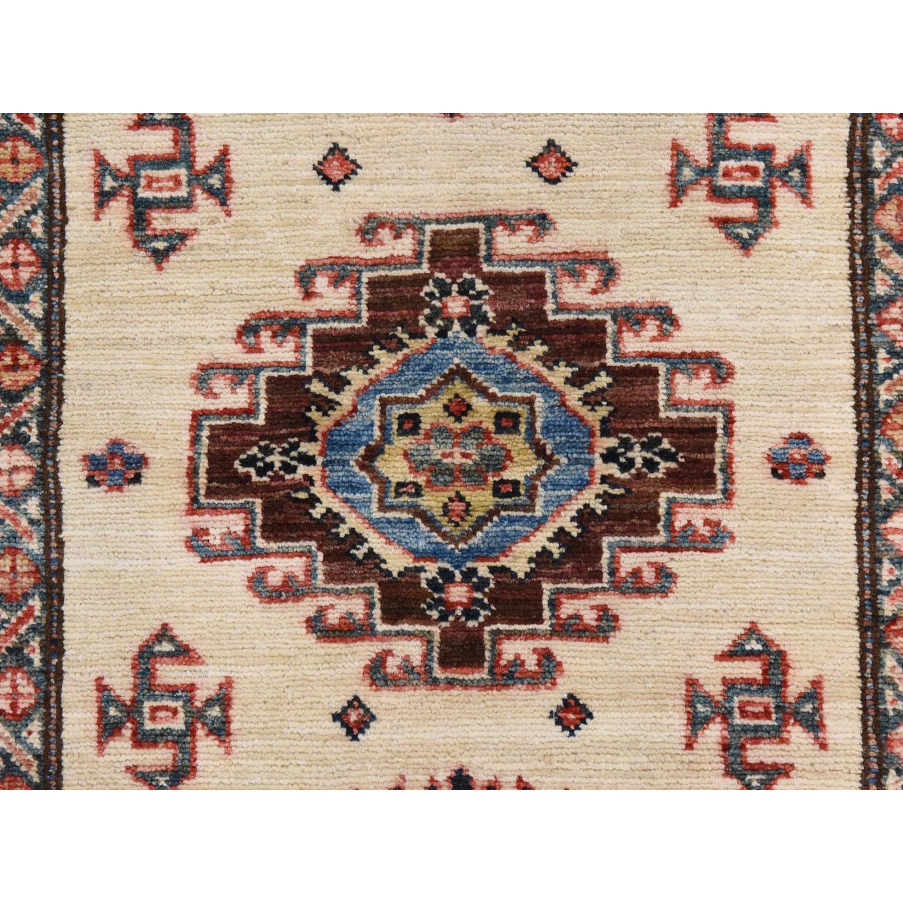 2'9"x8'3" Swan White, Super Kazak, Geometric Design, 100% Shiny Wool, Hand Knotted, Runner, Oriental Rug Sh78449