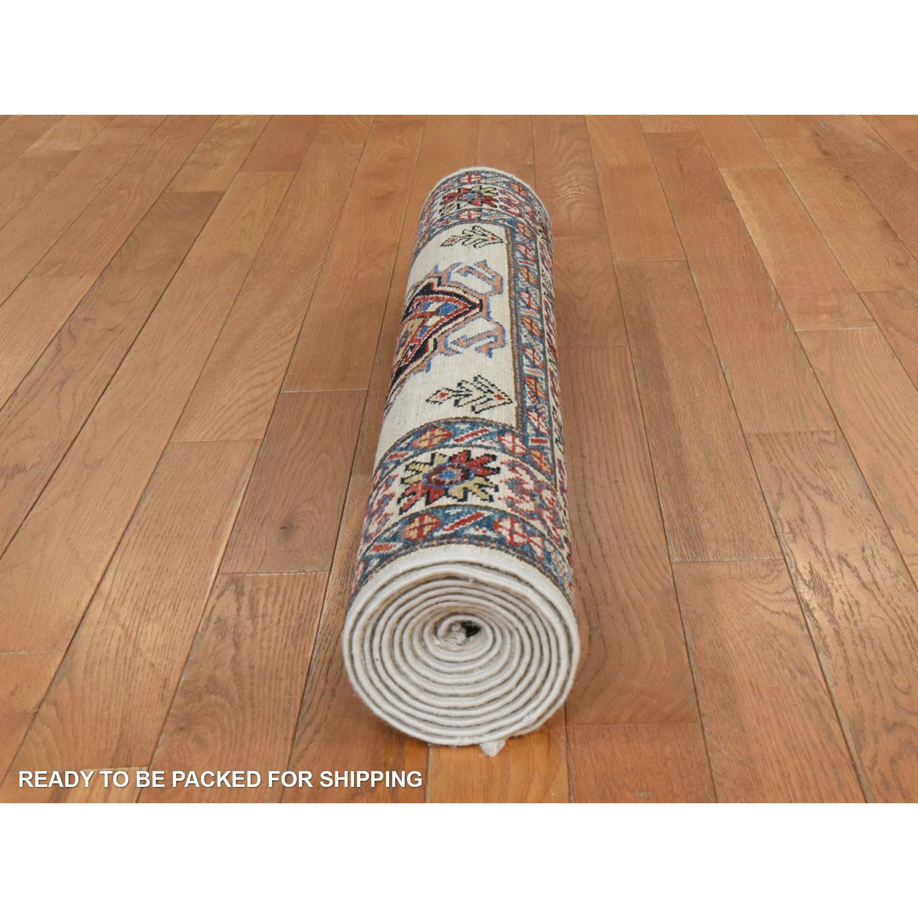 2'9"x8'3" Swan White, Super Kazak, Geometric Design, 100% Shiny Wool, Hand Knotted, Runner, Oriental Rug Sh78449
