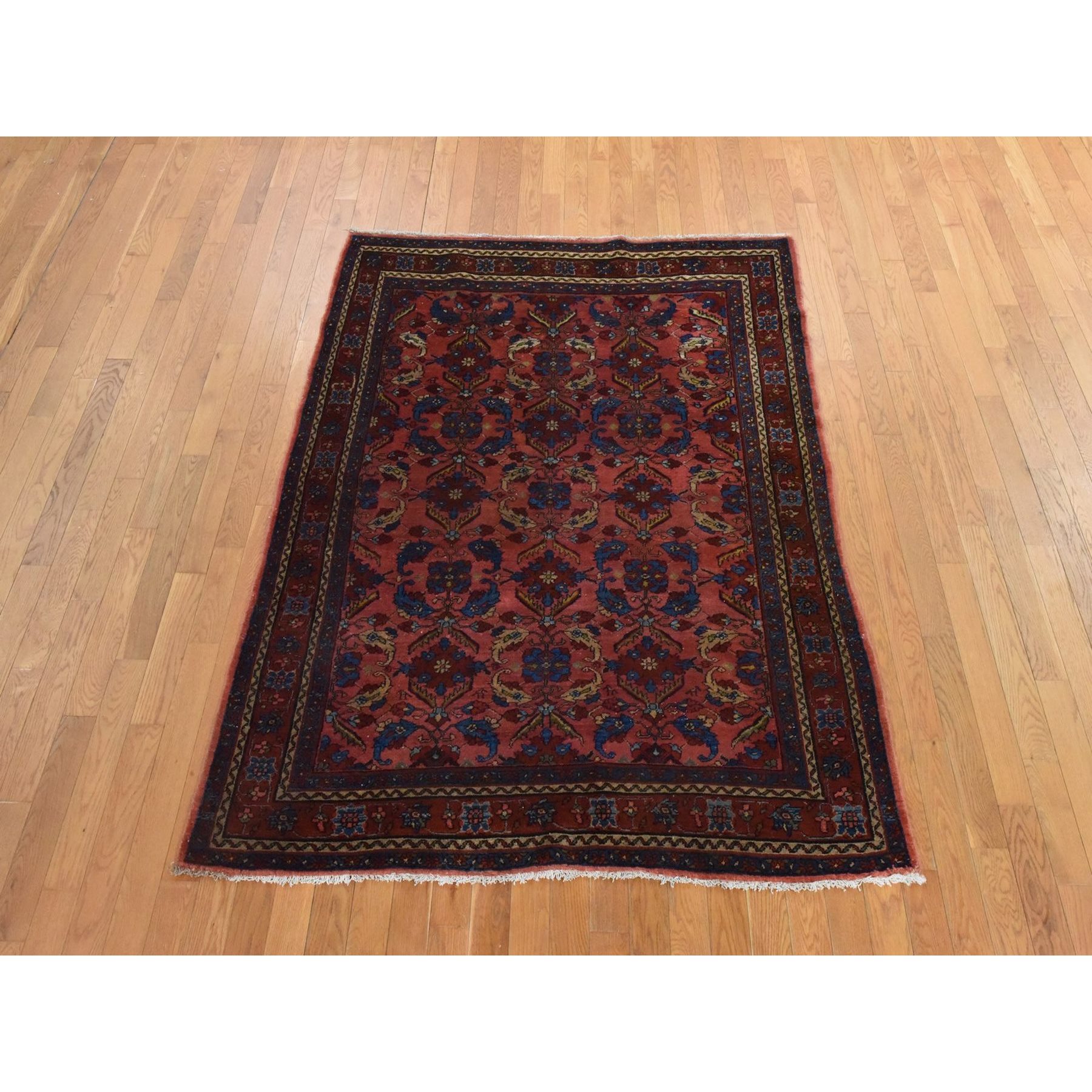 5'1"x6'6" Dahlia Red, Antique Persian Lilihan, Repetitive Flower Rosette Design, Full Even Pile and Clean, 100% Wool, Hand Knotted, Oriental Rug Sh78450