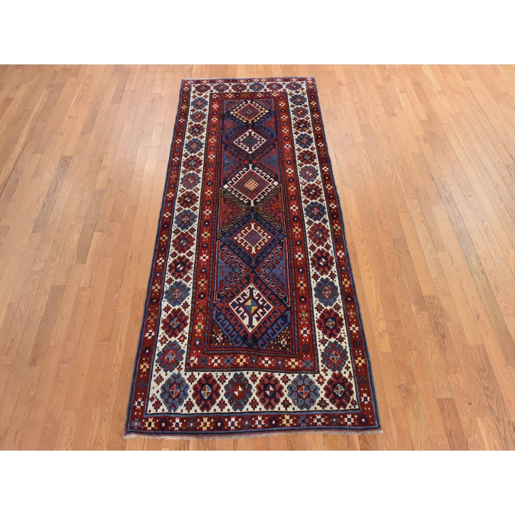 4'x9'4" Scarlet Red, Antique Caucasian Kazak, Geometric Design, Natural and Vegetable Dyes, Full, Soft Even Pile and Clean, 100% Wool, Hand Knotted, Oriental, Wide Runner Rug Sh78451