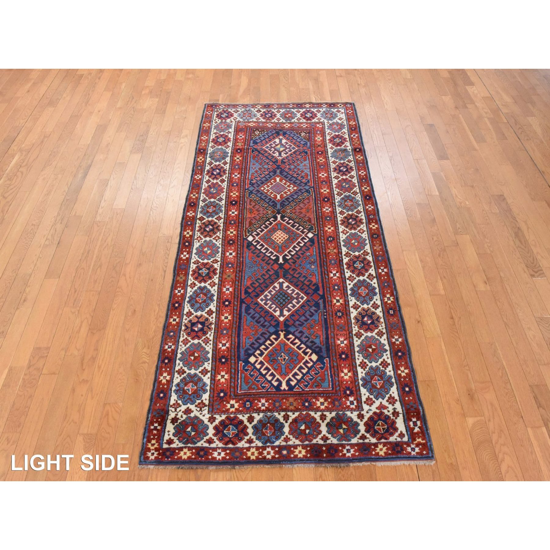 4'x9'4" Scarlet Red, Antique Caucasian Kazak, Geometric Design, Natural and Vegetable Dyes, Full, Soft Even Pile and Clean, 100% Wool, Hand Knotted, Oriental, Wide Runner Rug Sh78451