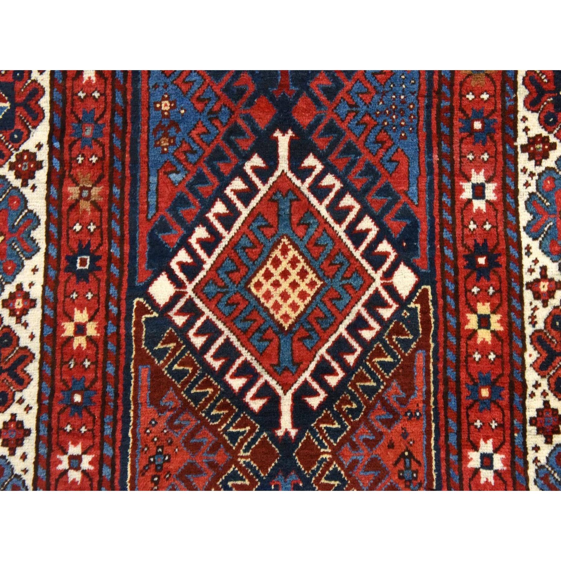 4'x9'4" Scarlet Red, Antique Caucasian Kazak, Geometric Design, Natural and Vegetable Dyes, Full, Soft Even Pile and Clean, 100% Wool, Hand Knotted, Oriental, Wide Runner Rug Sh78451