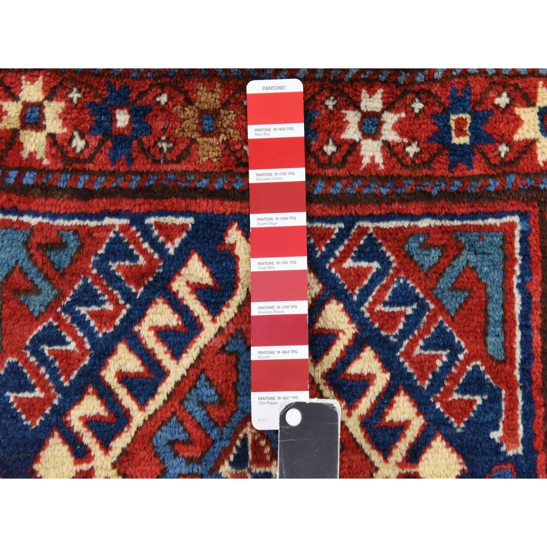4'x9'4" Scarlet Red, Antique Caucasian Kazak, Geometric Design, Natural and Vegetable Dyes, Full, Soft Even Pile and Clean, 100% Wool, Hand Knotted, Oriental, Wide Runner Rug Sh78451