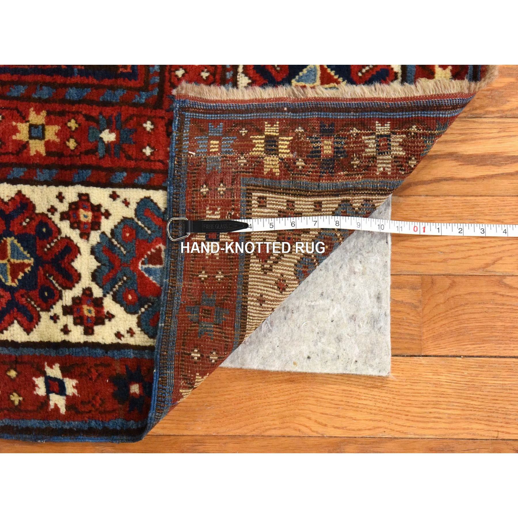 4'x9'4" Scarlet Red, Antique Caucasian Kazak, Geometric Design, Natural and Vegetable Dyes, Full, Soft Even Pile and Clean, 100% Wool, Hand Knotted, Oriental, Wide Runner Rug Sh78451