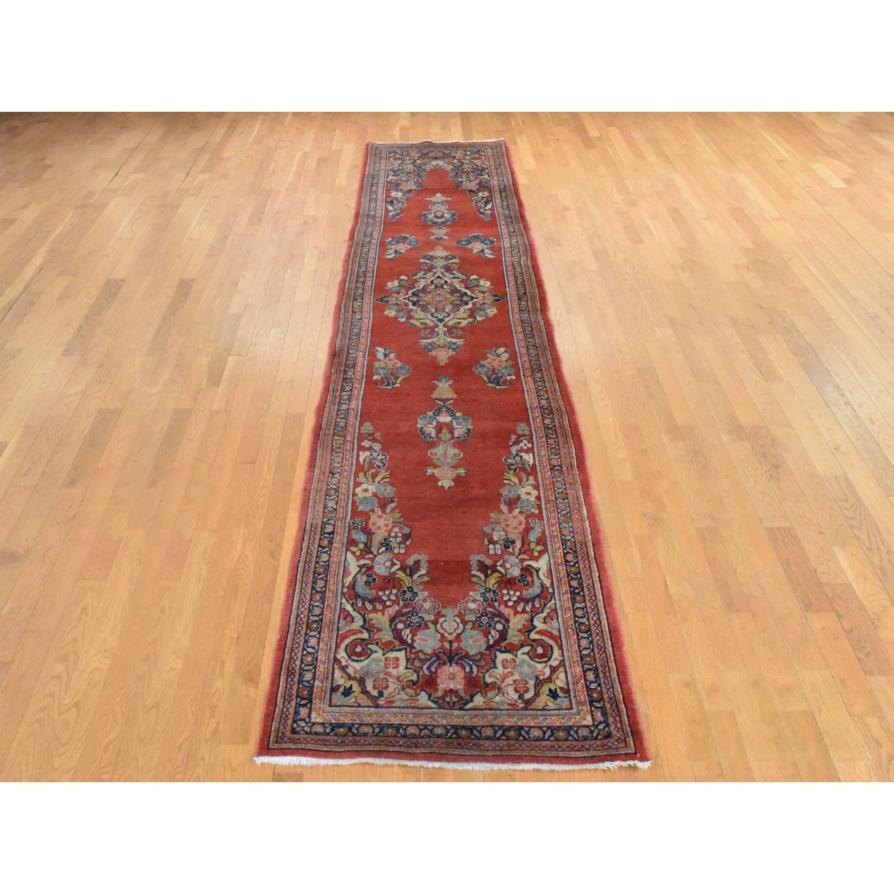 3'7"x15' Chili Red, Semi Antique Persian Sarouk, Medallion Open Field Design, Full and Soft Even Pile and Clean, 100% Wool, Hand Knotted, Wide Runner, Oriental Rug Sh78452