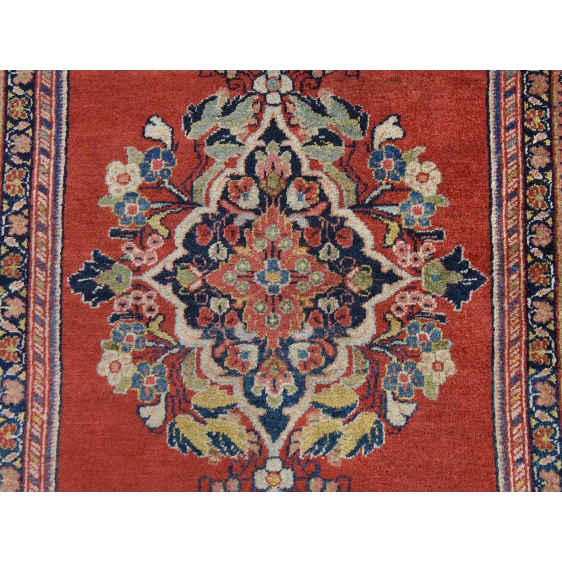 3'7"x15' Chili Red, Semi Antique Persian Sarouk, Medallion Open Field Design, Full and Soft Even Pile and Clean, 100% Wool, Hand Knotted, Wide Runner, Oriental Rug Sh78452
