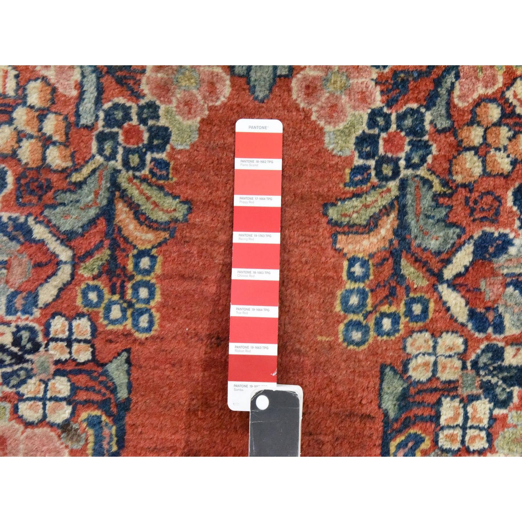 3'7"x15' Chili Red, Semi Antique Persian Sarouk, Medallion Open Field Design, Full and Soft Even Pile and Clean, 100% Wool, Hand Knotted, Wide Runner, Oriental Rug Sh78452