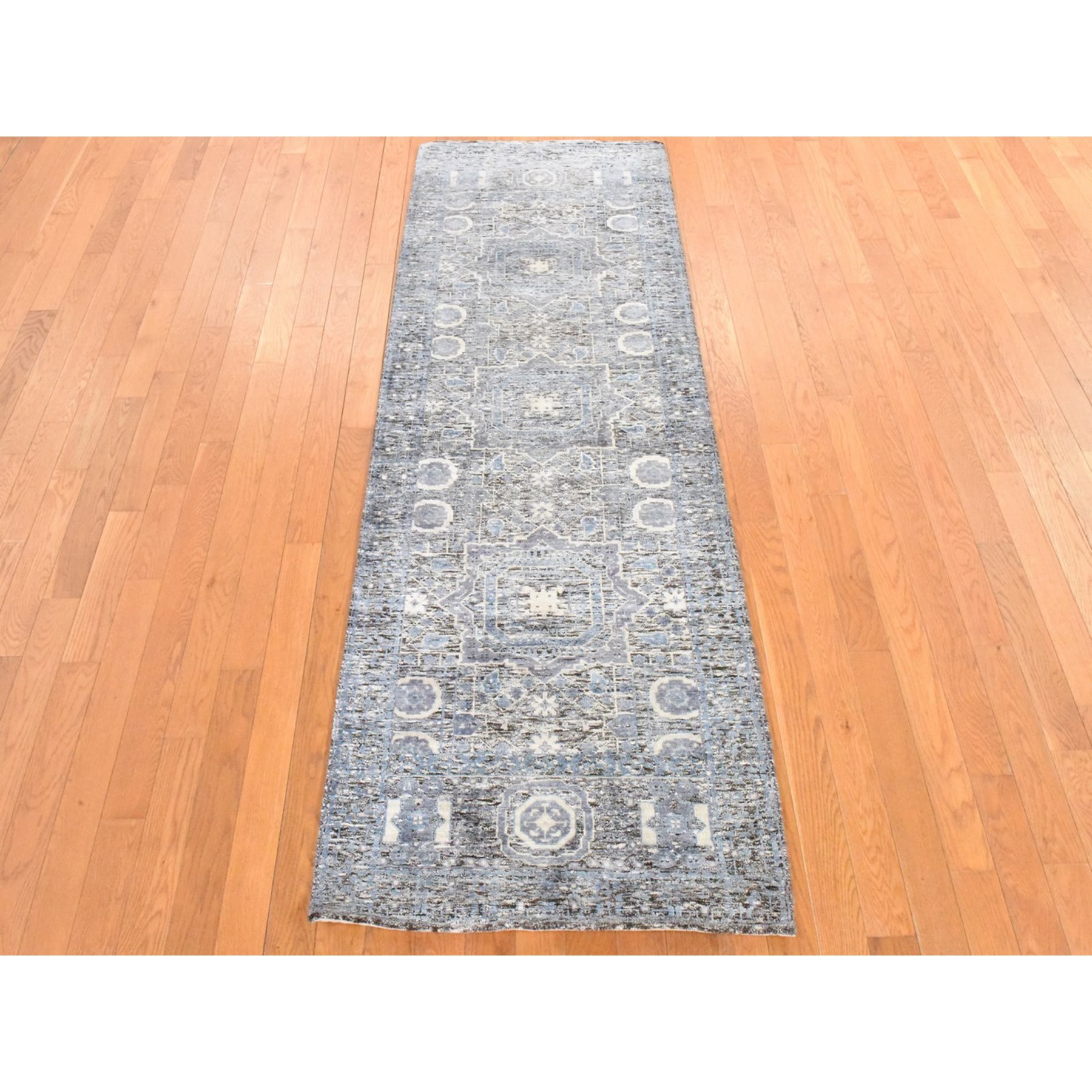 2'7"x8' Powder Blue, Silken Mamluk Design, Washed Out, Hand Knotted, Oriental, Wide Runner Rug Sh78453