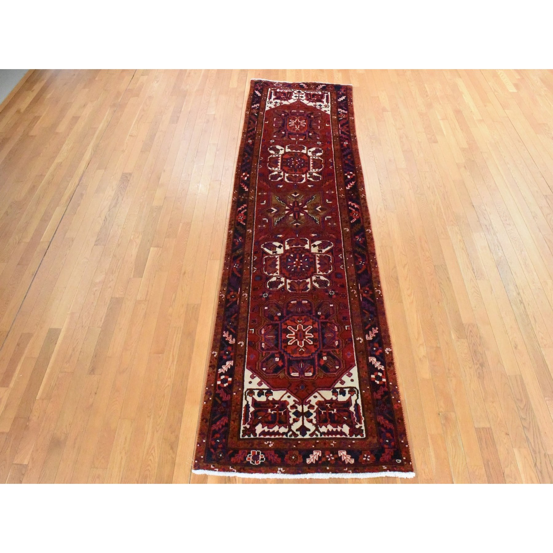 3'4"x10'9" Savvy Red, Semi Antique Persian Heriz, Geometric Medallion Design, Clean, Full and Soft Even Pile, 100% Wool, Hand Knotted, Oriental, Wide Runner Rug Sh78455