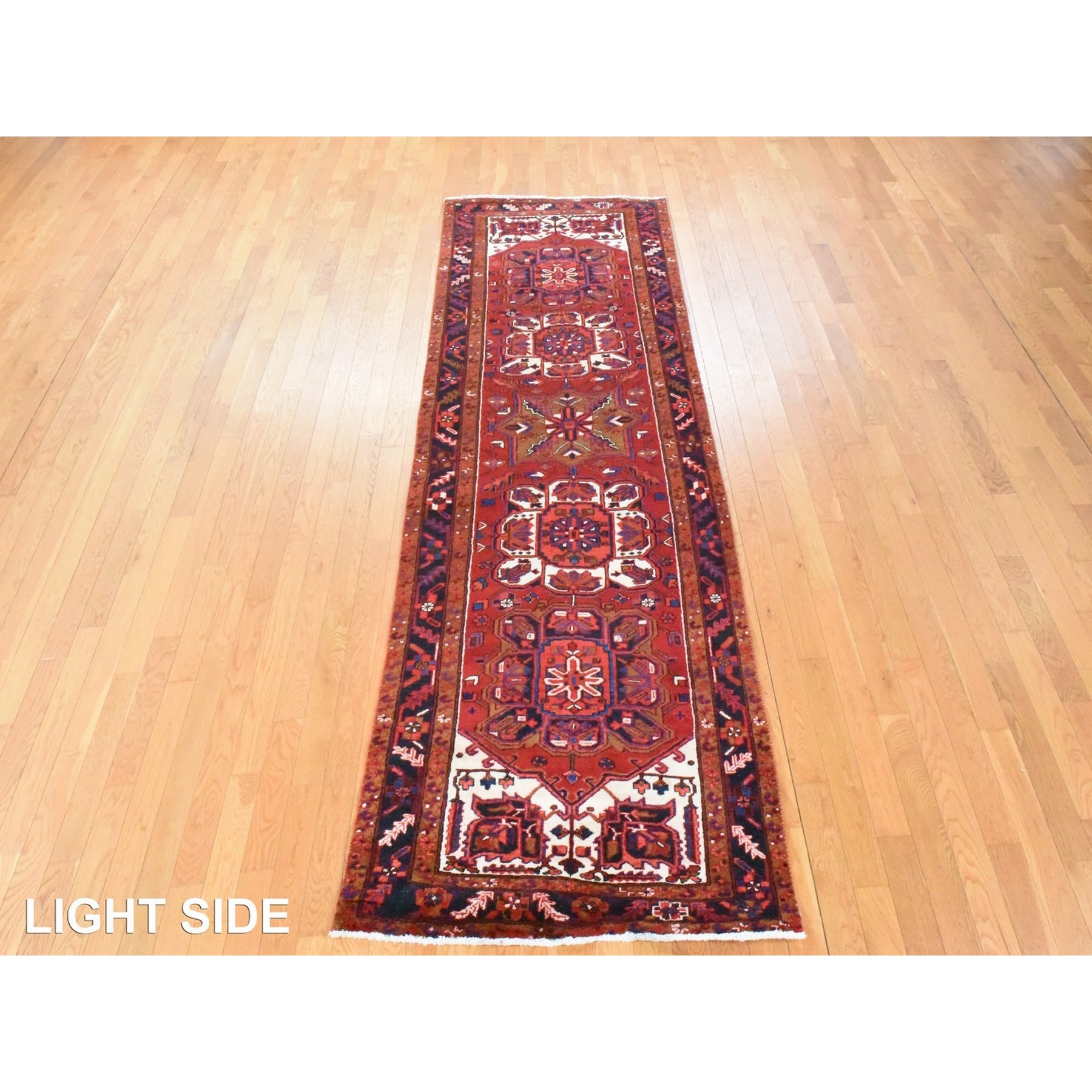 3'4"x10'9" Savvy Red, Semi Antique Persian Heriz, Geometric Medallion Design, Clean, Full and Soft Even Pile, 100% Wool, Hand Knotted, Oriental, Wide Runner Rug Sh78455