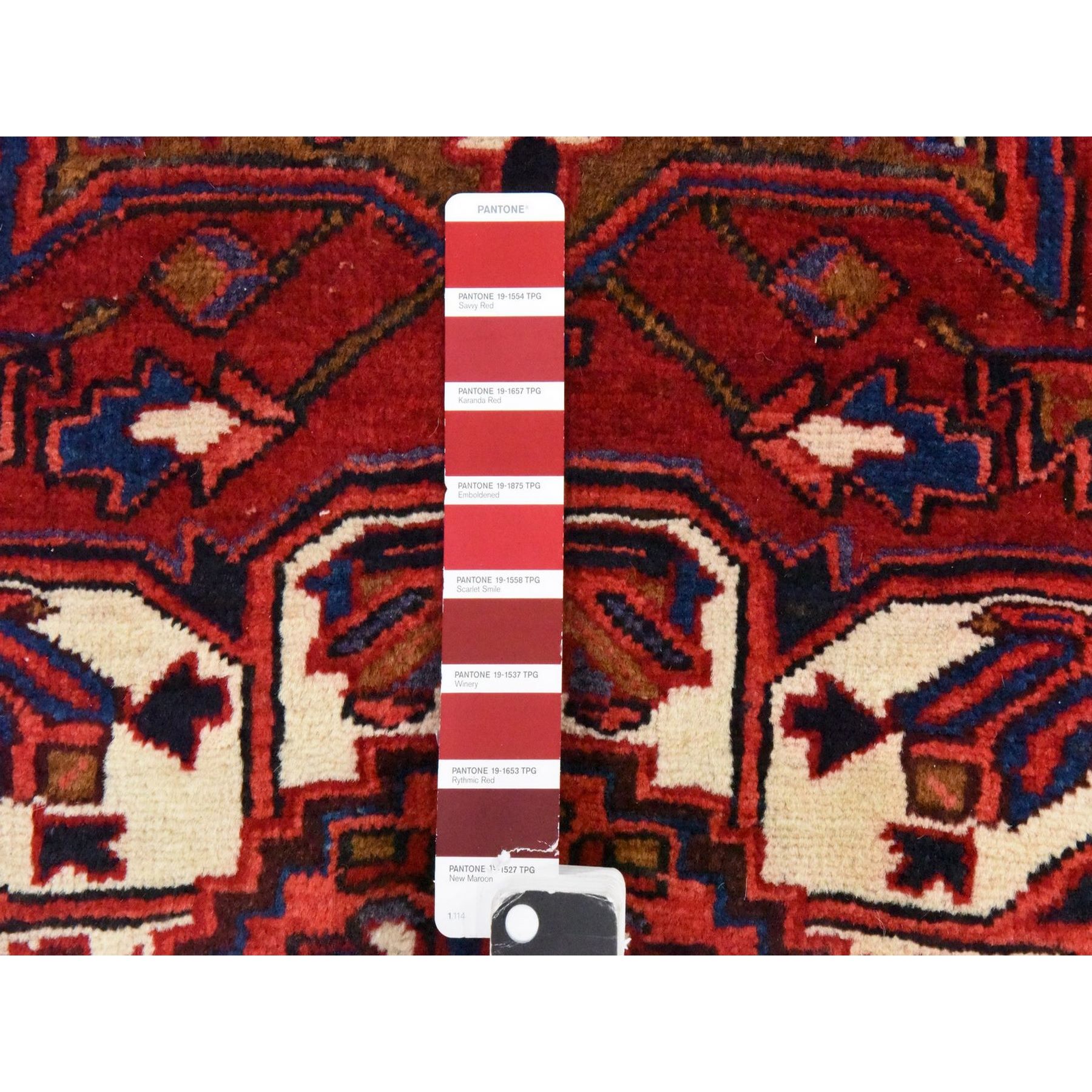 3'4"x10'9" Savvy Red, Semi Antique Persian Heriz, Geometric Medallion Design, Clean, Full and Soft Even Pile, 100% Wool, Hand Knotted, Oriental, Wide Runner Rug Sh78455