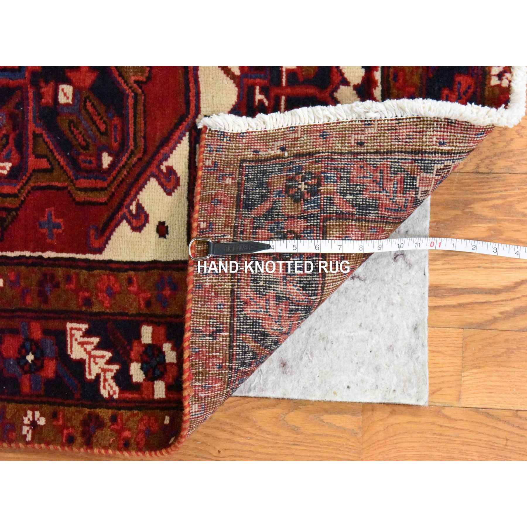 3'4"x10'9" Savvy Red, Semi Antique Persian Heriz, Geometric Medallion Design, Clean, Full and Soft Even Pile, 100% Wool, Hand Knotted, Oriental, Wide Runner Rug Sh78455
