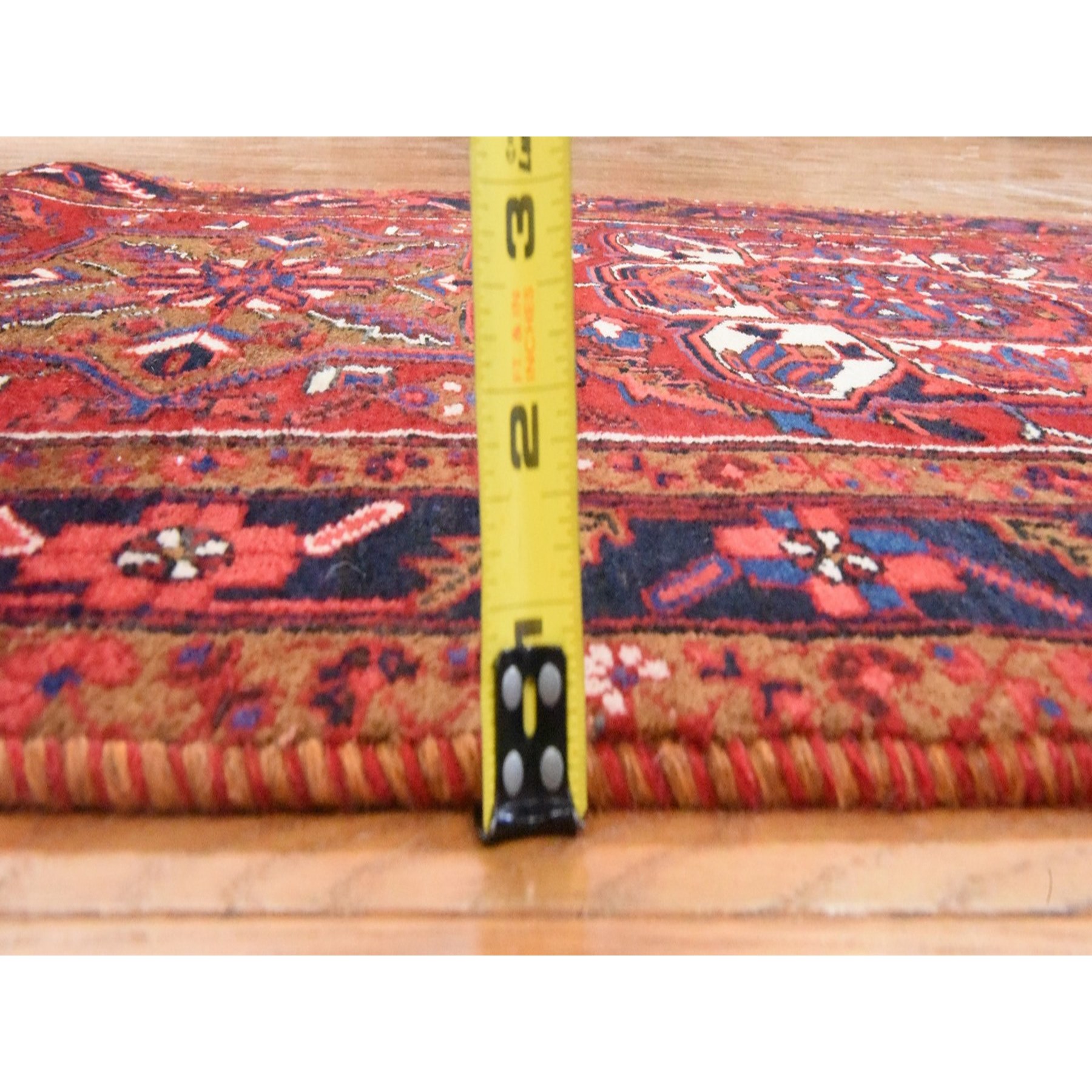 3'4"x10'9" Savvy Red, Semi Antique Persian Heriz, Geometric Medallion Design, Clean, Full and Soft Even Pile, 100% Wool, Hand Knotted, Oriental, Wide Runner Rug Sh78455