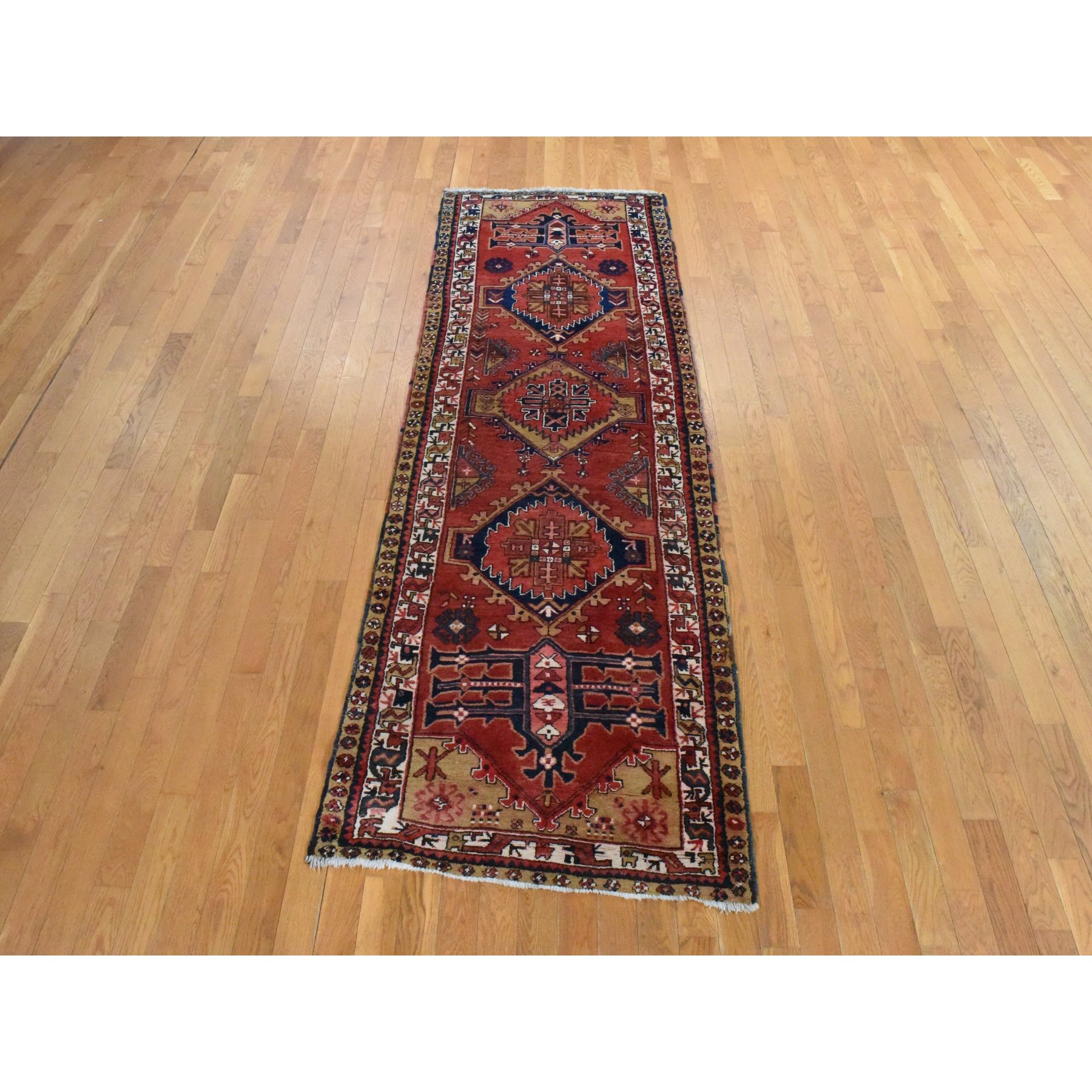 3'2"x10' Tomato Red, Semi Antique Persian Heriz, Geometric Medallion Design, Clean, Full and Soft Even Pile, 100% Wool, Hand Knotted, Oriental, Wide Runner Rug Sh78456