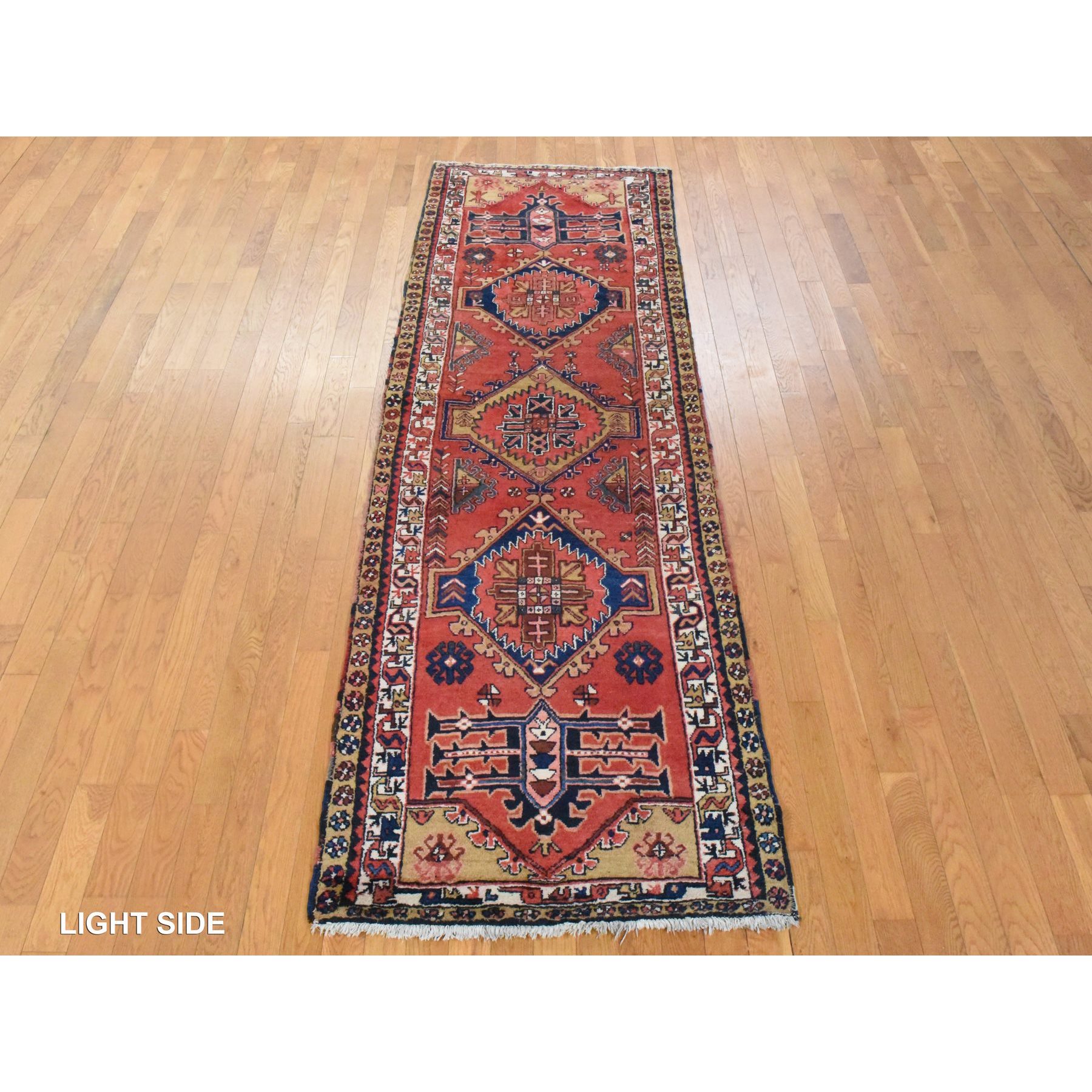 3'2"x10' Tomato Red, Semi Antique Persian Heriz, Geometric Medallion Design, Clean, Full and Soft Even Pile, 100% Wool, Hand Knotted, Oriental, Wide Runner Rug Sh78456