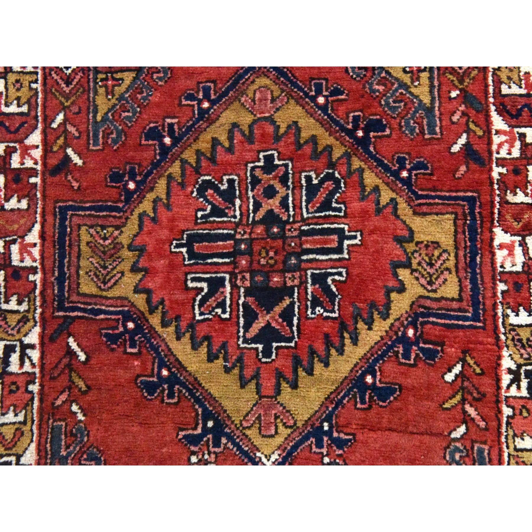 3'2"x10' Tomato Red, Semi Antique Persian Heriz, Geometric Medallion Design, Clean, Full and Soft Even Pile, 100% Wool, Hand Knotted, Oriental, Wide Runner Rug Sh78456
