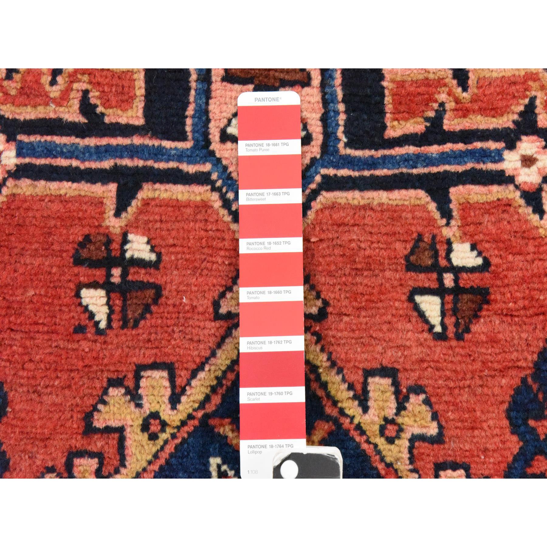 3'2"x10' Tomato Red, Semi Antique Persian Heriz, Geometric Medallion Design, Clean, Full and Soft Even Pile, 100% Wool, Hand Knotted, Oriental, Wide Runner Rug Sh78456