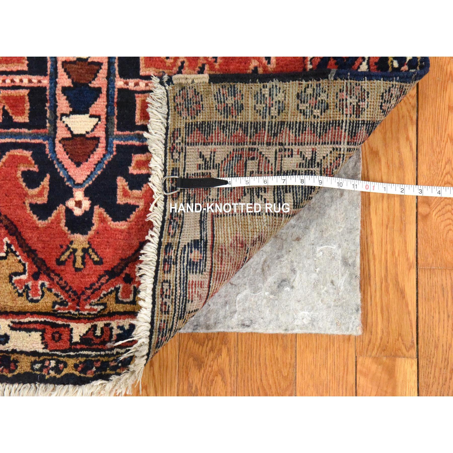 3'2"x10' Tomato Red, Semi Antique Persian Heriz, Geometric Medallion Design, Clean, Full and Soft Even Pile, 100% Wool, Hand Knotted, Oriental, Wide Runner Rug Sh78456